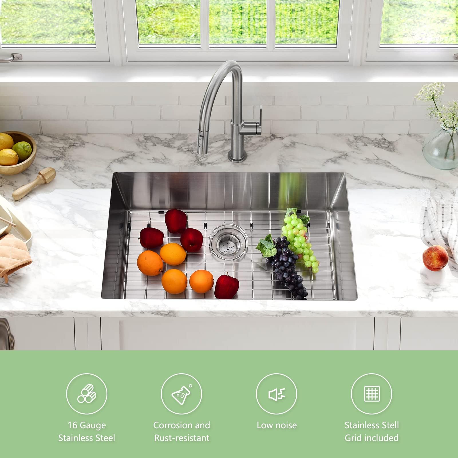 32 Inch Undermount Kitchen Sink - 16 Gauge Stainless Steel Single Bowl Workstation Sink with Easy Drain, Low Noise & Easy to Clean (Silver) - Perfect for Modern Kitchens, Restaurant Prep & Heavy Duty Cooking
