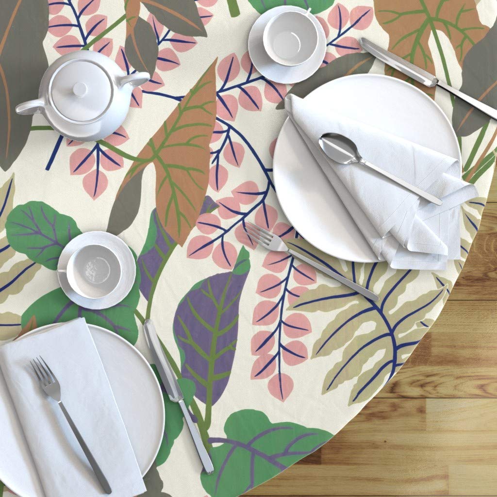 Custom Jungle Leaves Pink Brown Tropical Rainforest Print Cotton Sateen Tablecloth - 90
