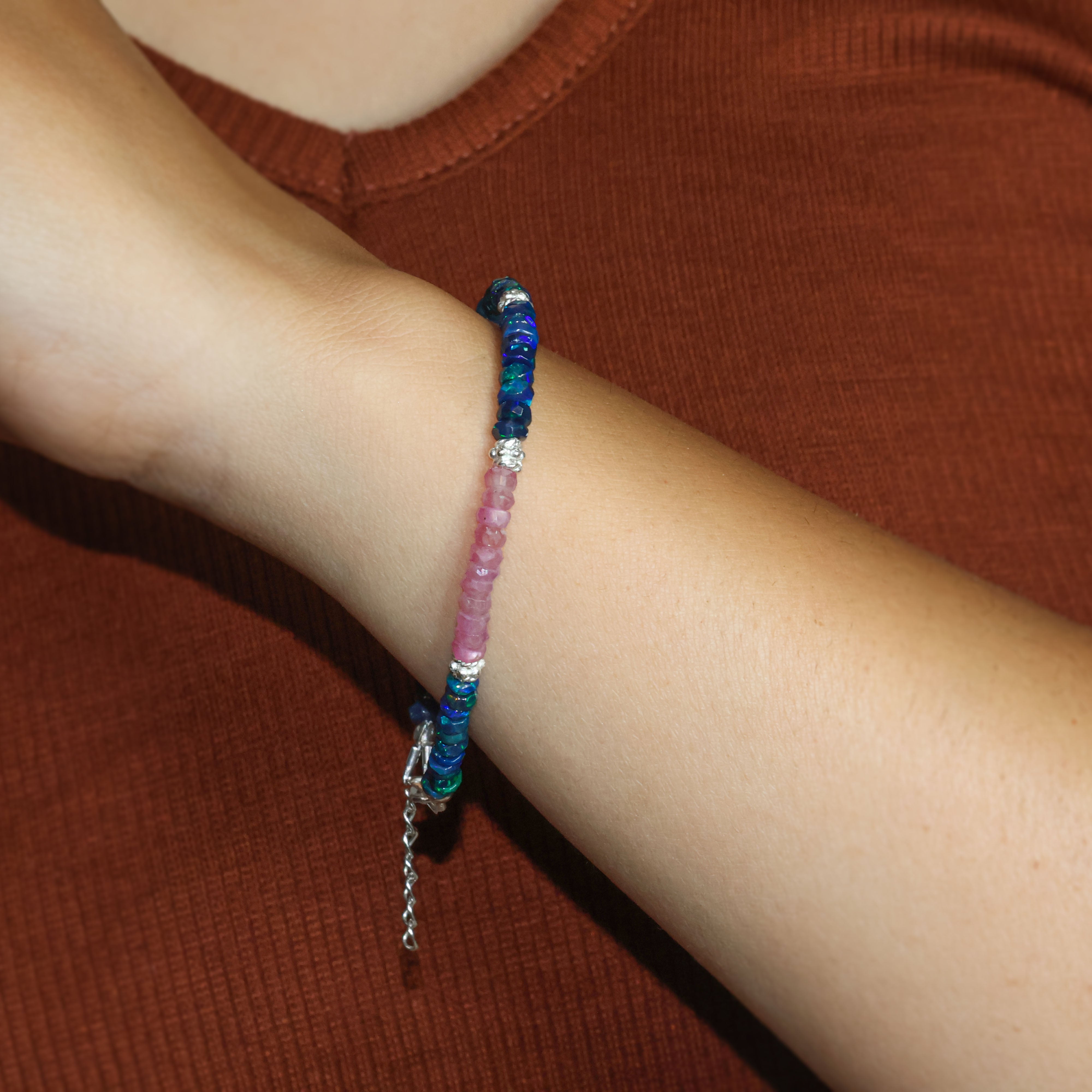 Natural Black Opal & Ruby Faceted Bead Bracelet - Dual Stone Gemstone Jewelry for Women, Handmade Adjustable Wrap Bracelet - Perfect for Gifts, Boho Fashion & Special Occasions