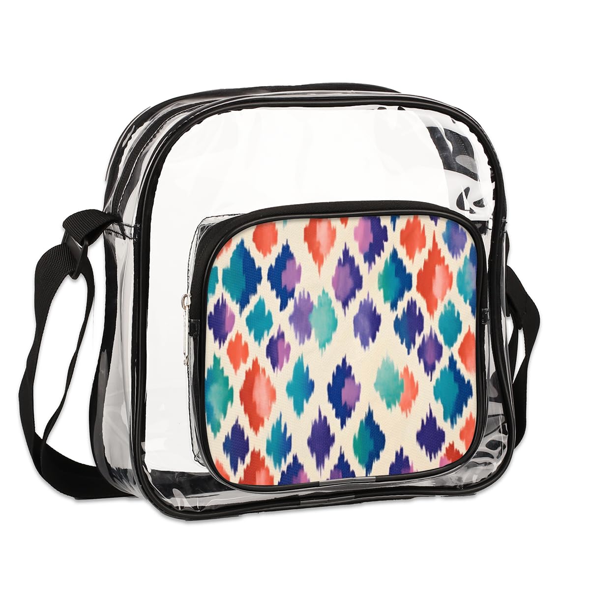 Mularoka Ikat Boho Clear Crossbody Purse Bag for Women & Men - Stylish Ikat Pattern Stadium Approved Clear Shoulder Bag for Concerts, Festivals & Sports Events - Perfect for Music Festivals, NFL Games & Theme Parks