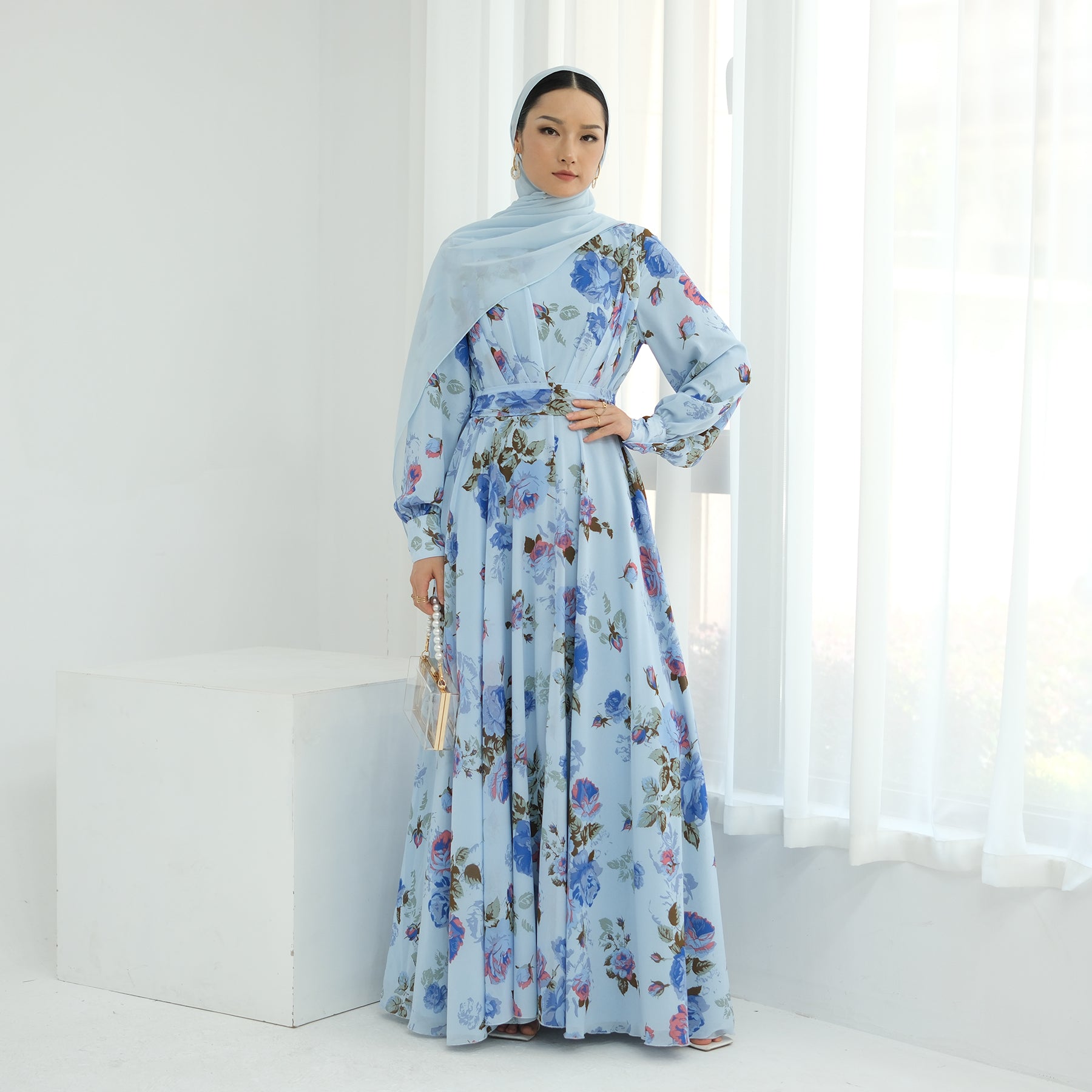 Elegant Gardenia Floral Maxi Dress in Blue & Pink - Perfect for Summer Weddings, Beach Vacations & Boho Chic Outfits