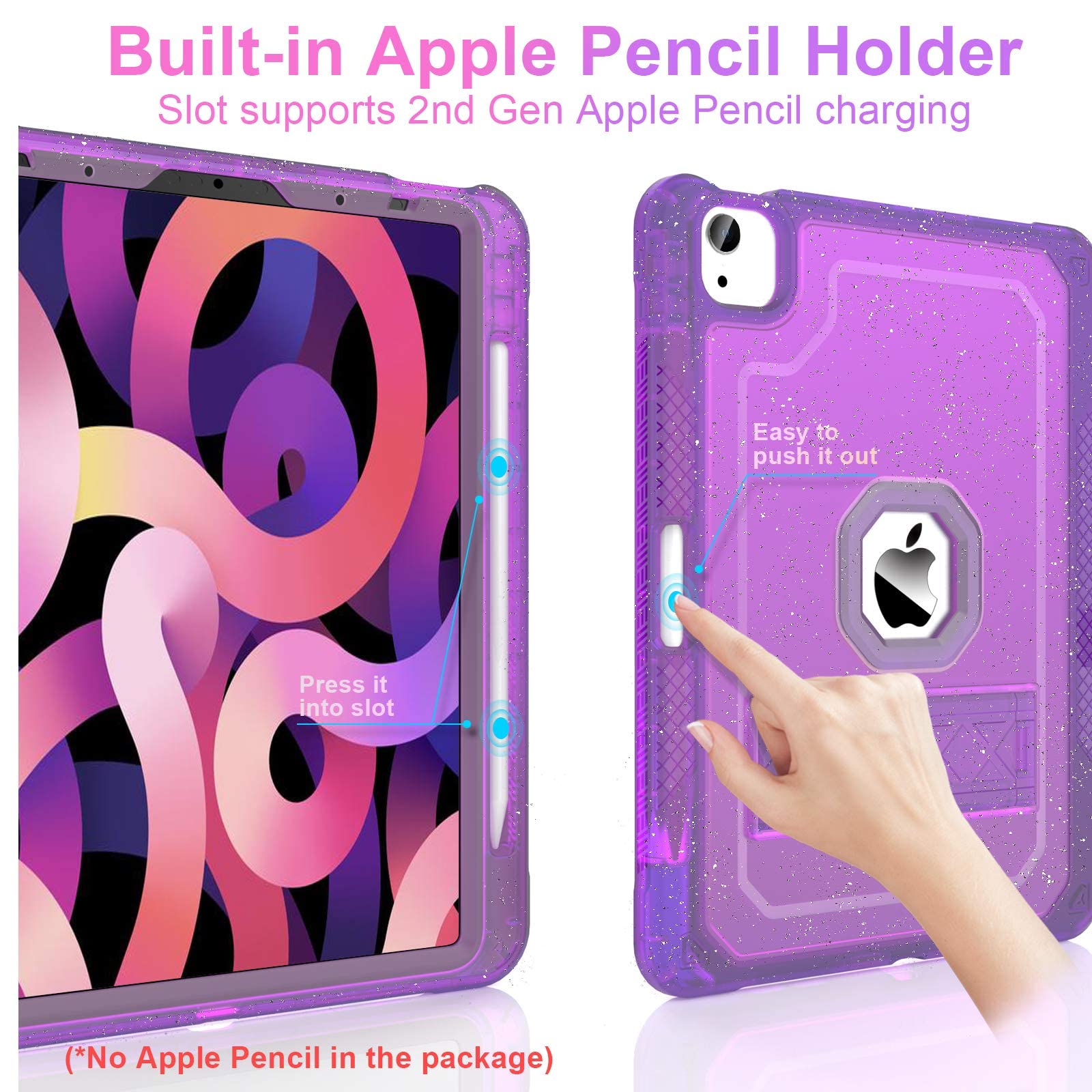 Premium iPad Air 5th/4th Gen (2022/2020) & iPad Pro 11-inch Case - Slim Hard Protective Cover with Pencil Holder & Kickstand, Clear Purple Glitter Design for Women - Perfect for Work, School & Travel