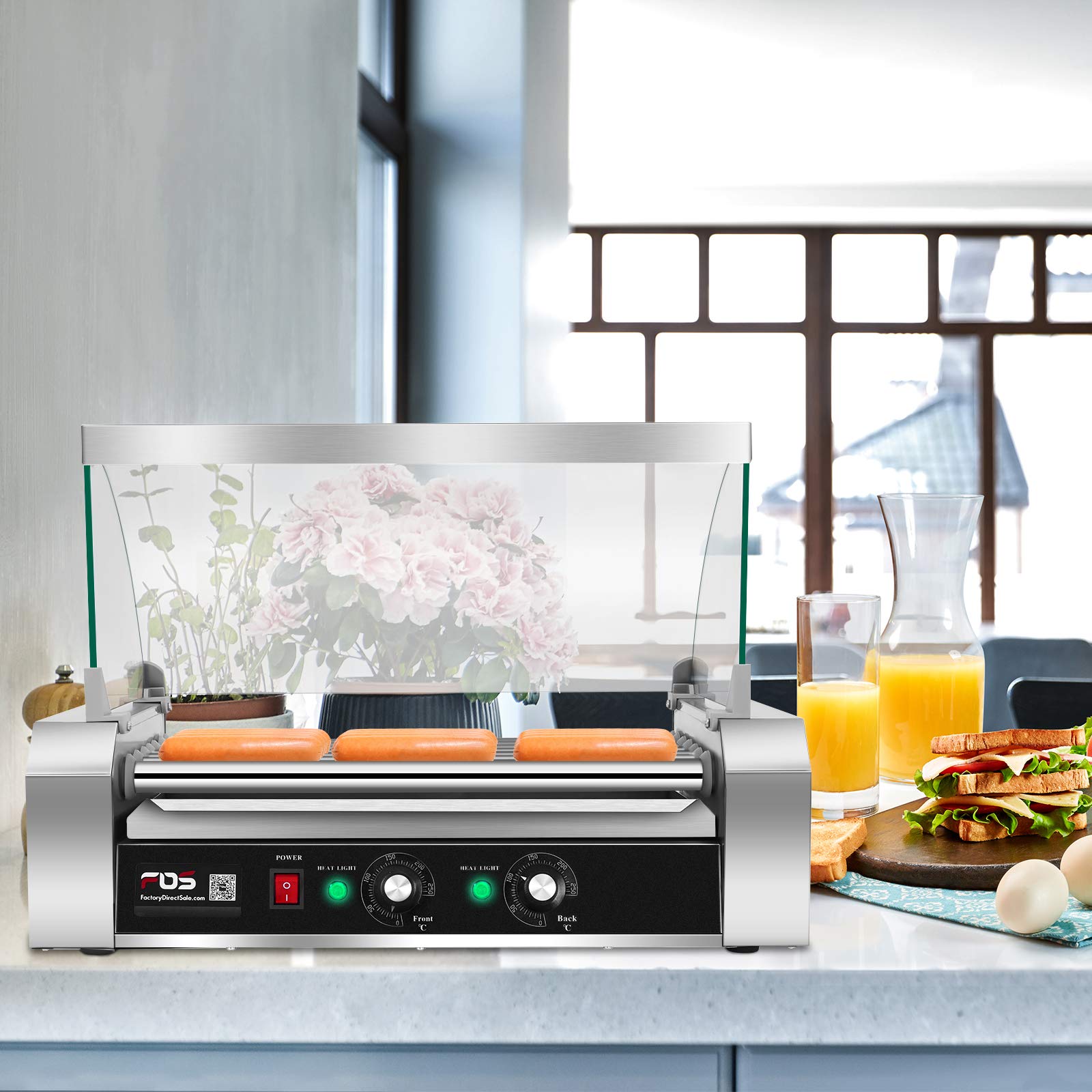 Commercial Electric Hot Dog Roller Machine - 18 Hot Dog Capacity with 7 Non-Stick Rollers, Removable Stainless Steel Drip Tray & Glass Hood Cover - Perfect for Restaurants, Carnivals, Food Trucks and Home BBQ Parties