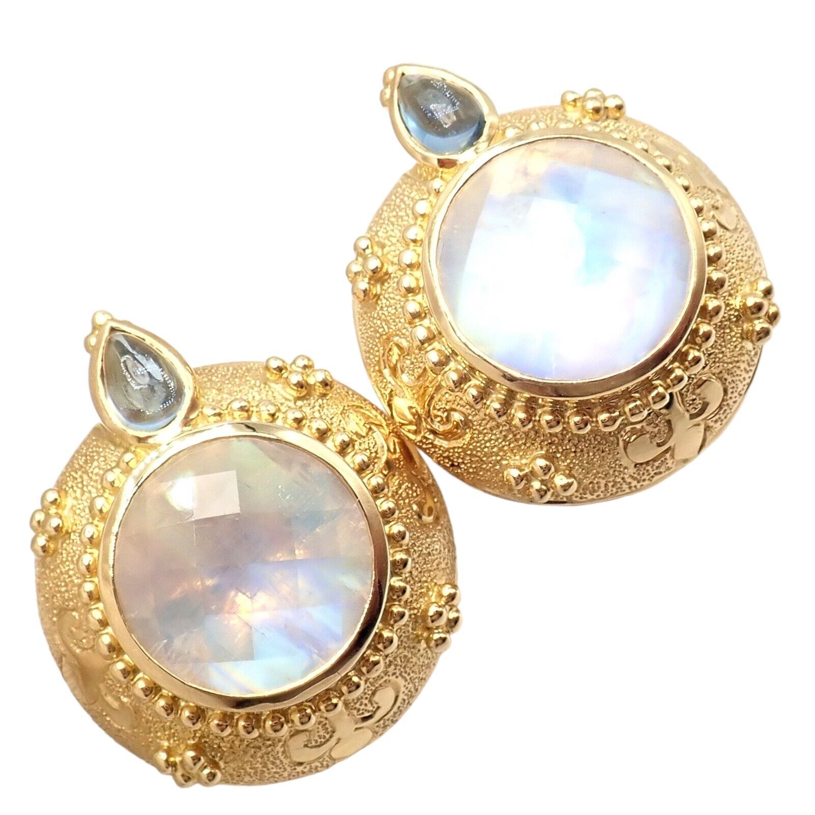 Exquisite Vintage Paula Crevoshay 18K Gold Aquamarine Moonstone Round Earrings - Unique Handcrafted Jewelry for Weddings & Special Occasions