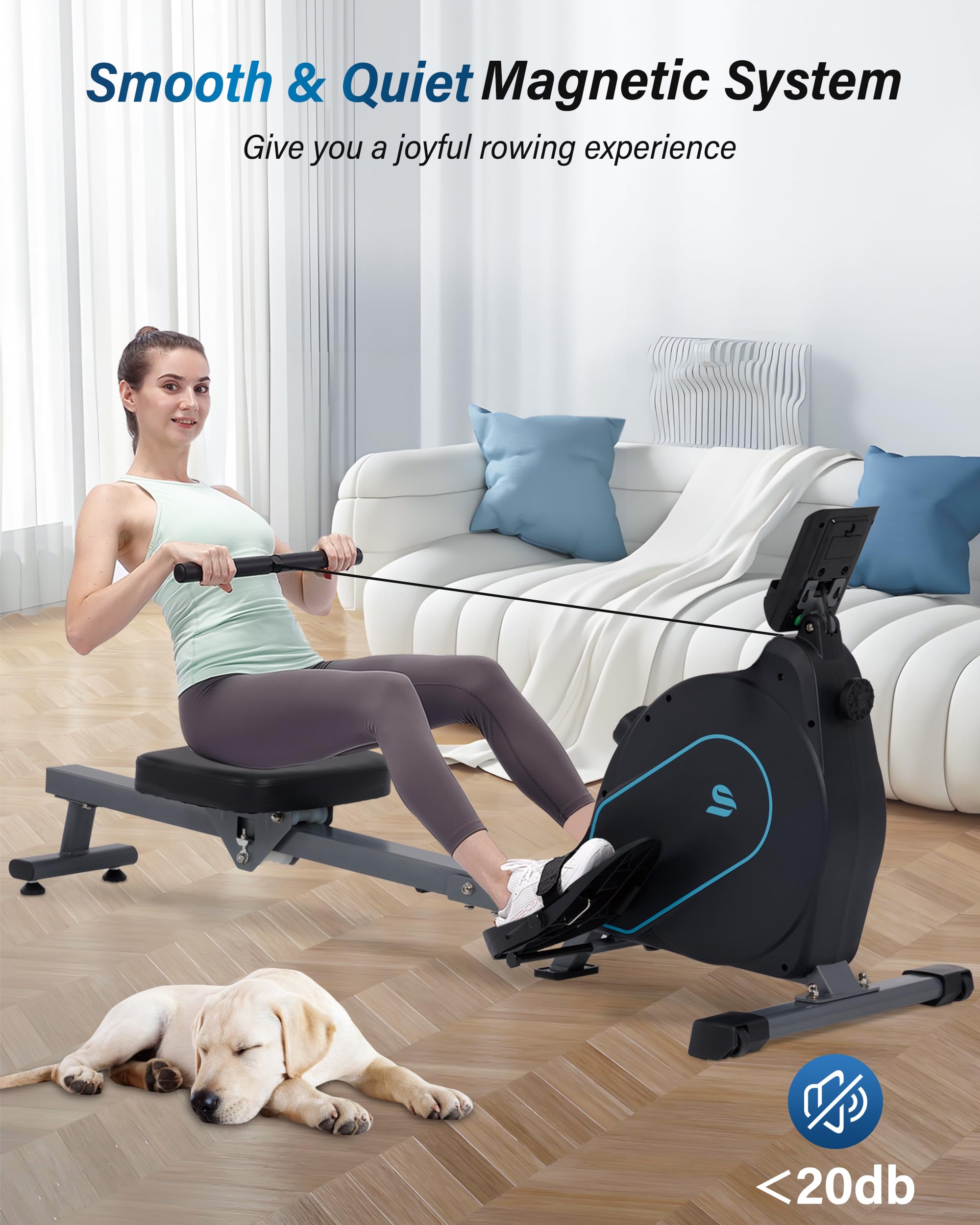 ECHANFIT Magnetic Rowing Machine for Home Gym - 16-Level Adjustable Resistance Rower with LCD Monitor, Ergonomic Seat & Tablet Holder (350 LB Weight Capacity) - Perfect for Cardio Workouts, Full-Body Training & Small Spaces