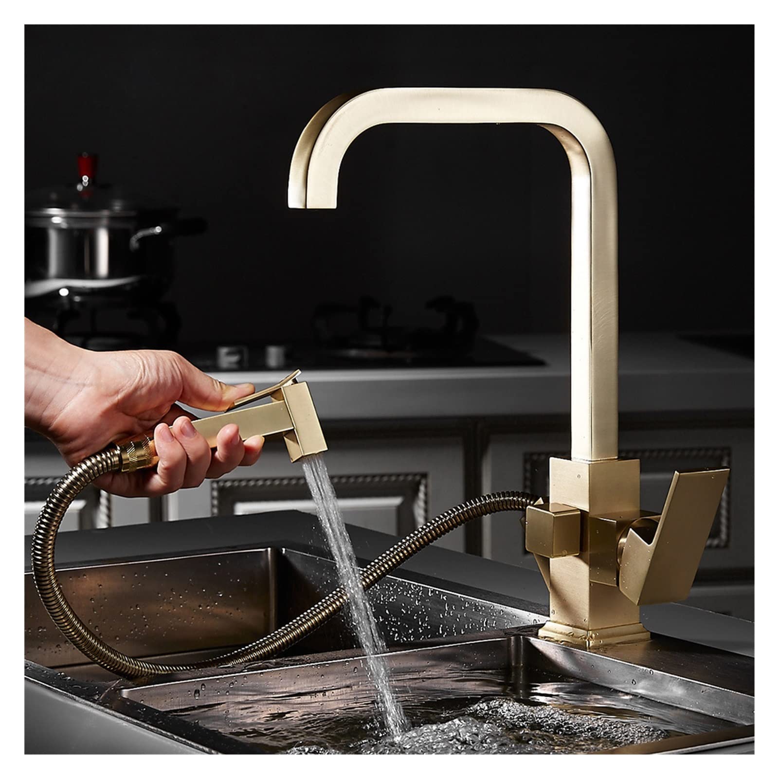 Brushed Gold Pot Filler Kitchen Faucet with Hand Shower & Spray Gun - Hot/Cold Water Rotating Sink Mixer Tap for Cooking, Washing Dishes & Filling Pots Near Stove