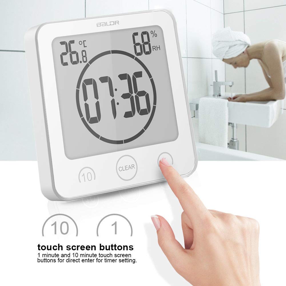 BALDR Digital Bathroom Clocks - 2 Pack Waterproof Shower Clock with Timer, Large LCD Display, Temperature & Humidity Sensor - Wall Mount Bathroom Clock for Shower, Gym, Spa (Black & White) - Perfect for Home, Office, and Travel Use