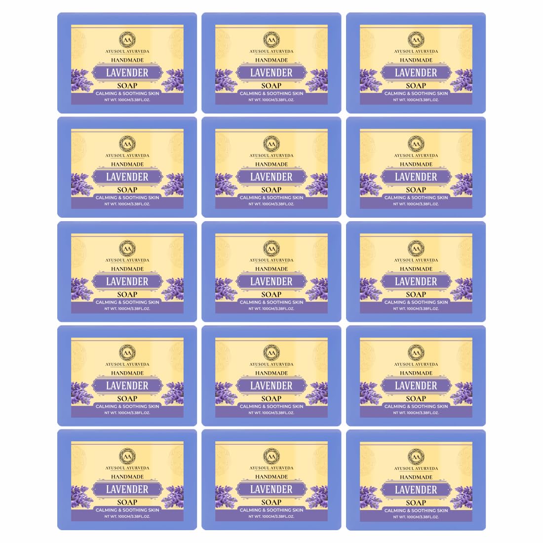 Ayusoul Ayurvedic Herbal Lavender Bath Soap - 15 Pack | Natural Skin Care, Soothing & Relaxing | Perfect for Stress Relief, Spa Days & Gift Sets