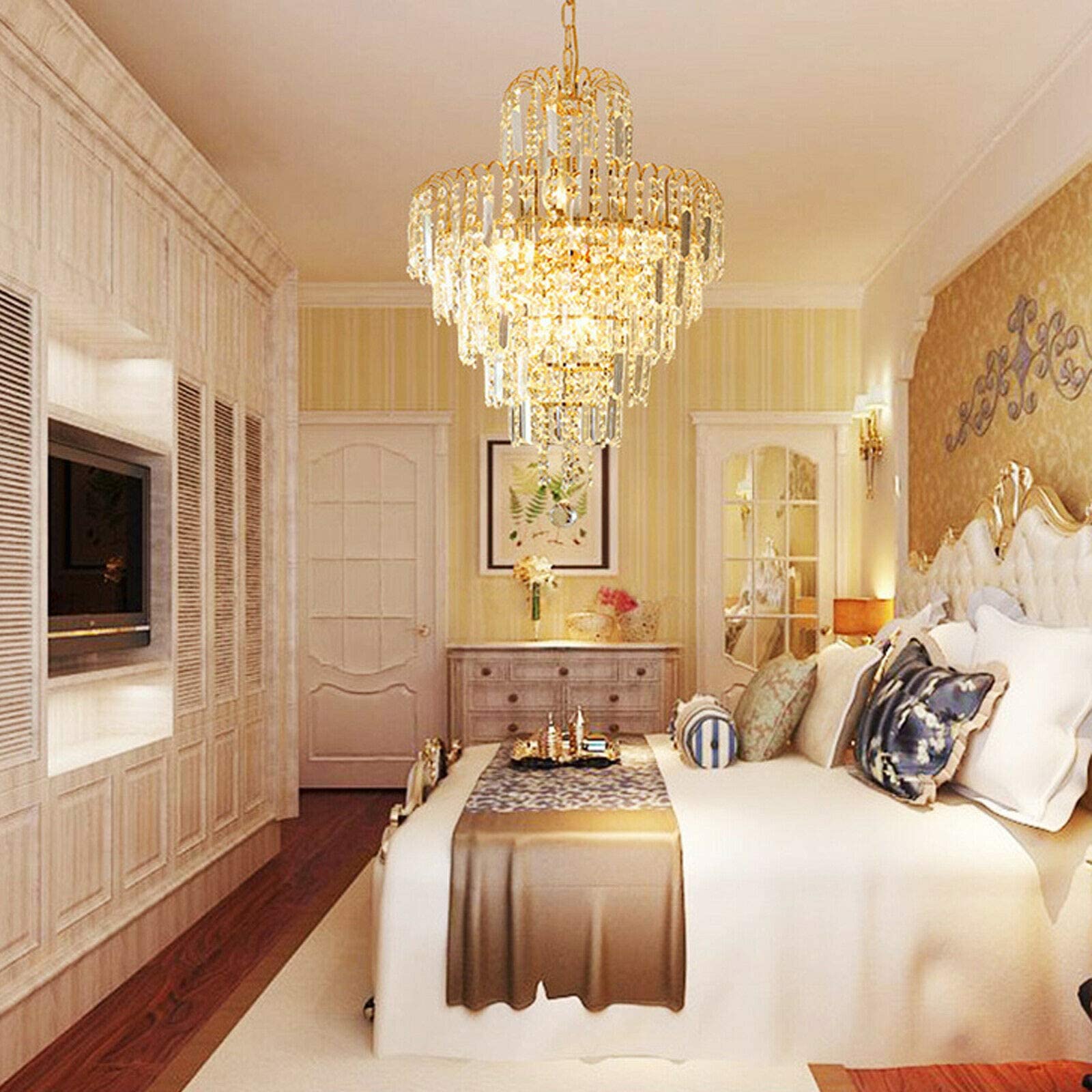 Luxury Crystal Chrome Chandelier - French Empire Style 4-Light K9 Raindrop Ceiling Pendant Light - Adjustable Contemporary Hanging Fixture for Dining Room, Living Room, Hotel Foyer - Gold Finish - Perfect for Elegant Home Decor & Commercial Spaces