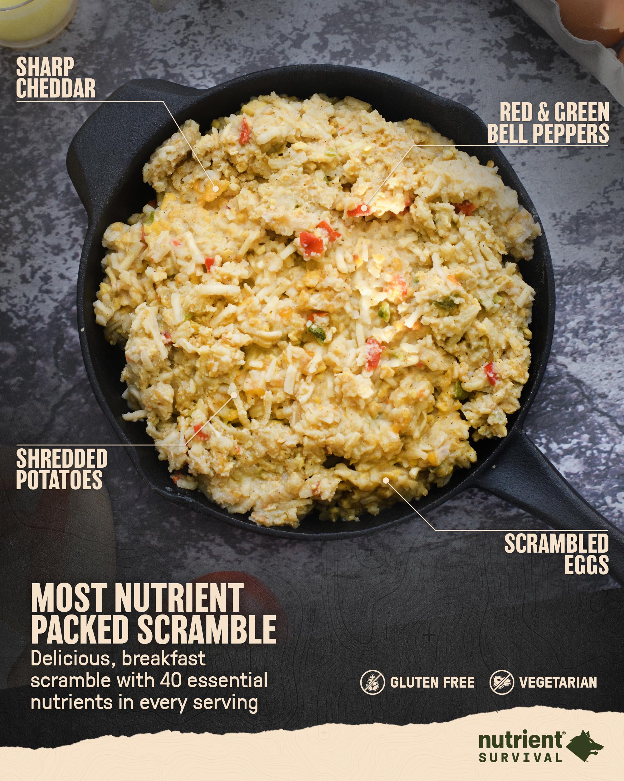 Nutrient Survival MRE Homestyle Scramble Eggs - Freeze Dried Ready-to-Eat Emergency Food (10 Servings) | 40 Essential Nutrients, 25 Year Shelf Life | Perfect for Camping, Hiking & Disaster Preparedness
