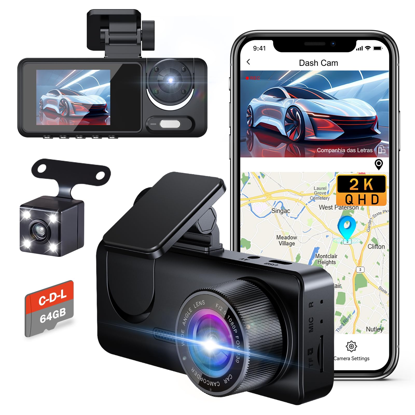 1080P Dual Dash Cam Front and Rear with 64GB SD Card, 170° Wide Angle, 2