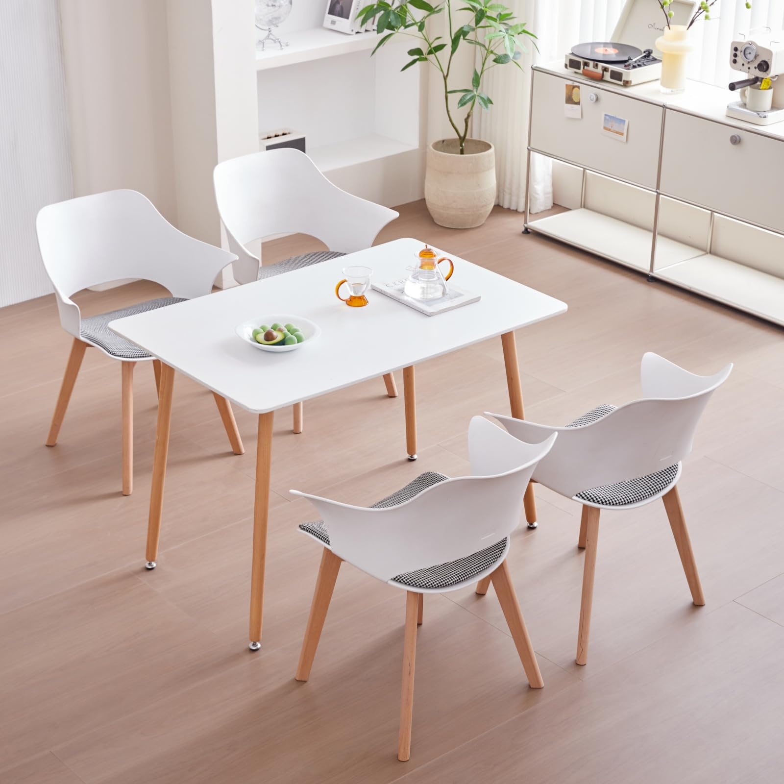 Modern Nordic Style Dining Chairs Set of 4 - White Linen Plaid Upholstered Kitchen Chairs with Armrests & Beech Wood Legs for Home, Restaurant, and Cafe Decor