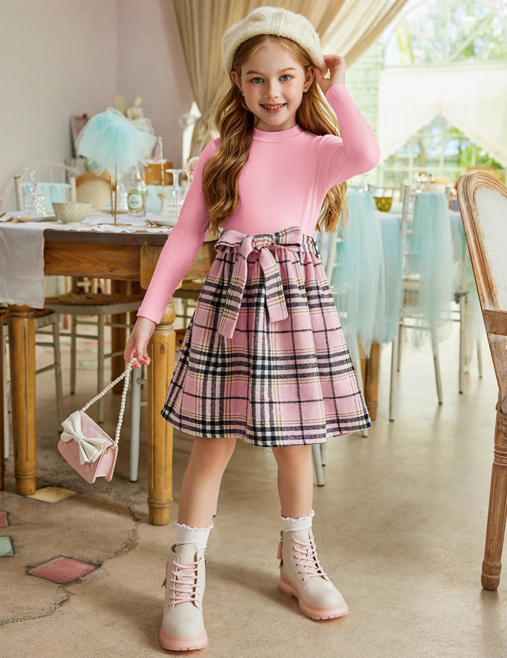 Arshiner Girls Long Sleeve Rib Knit Plaid Patchwork Belted Dress with Pockets | Cute & Comfortable Fall Winter Outfit for School, Party & Holiday Photos