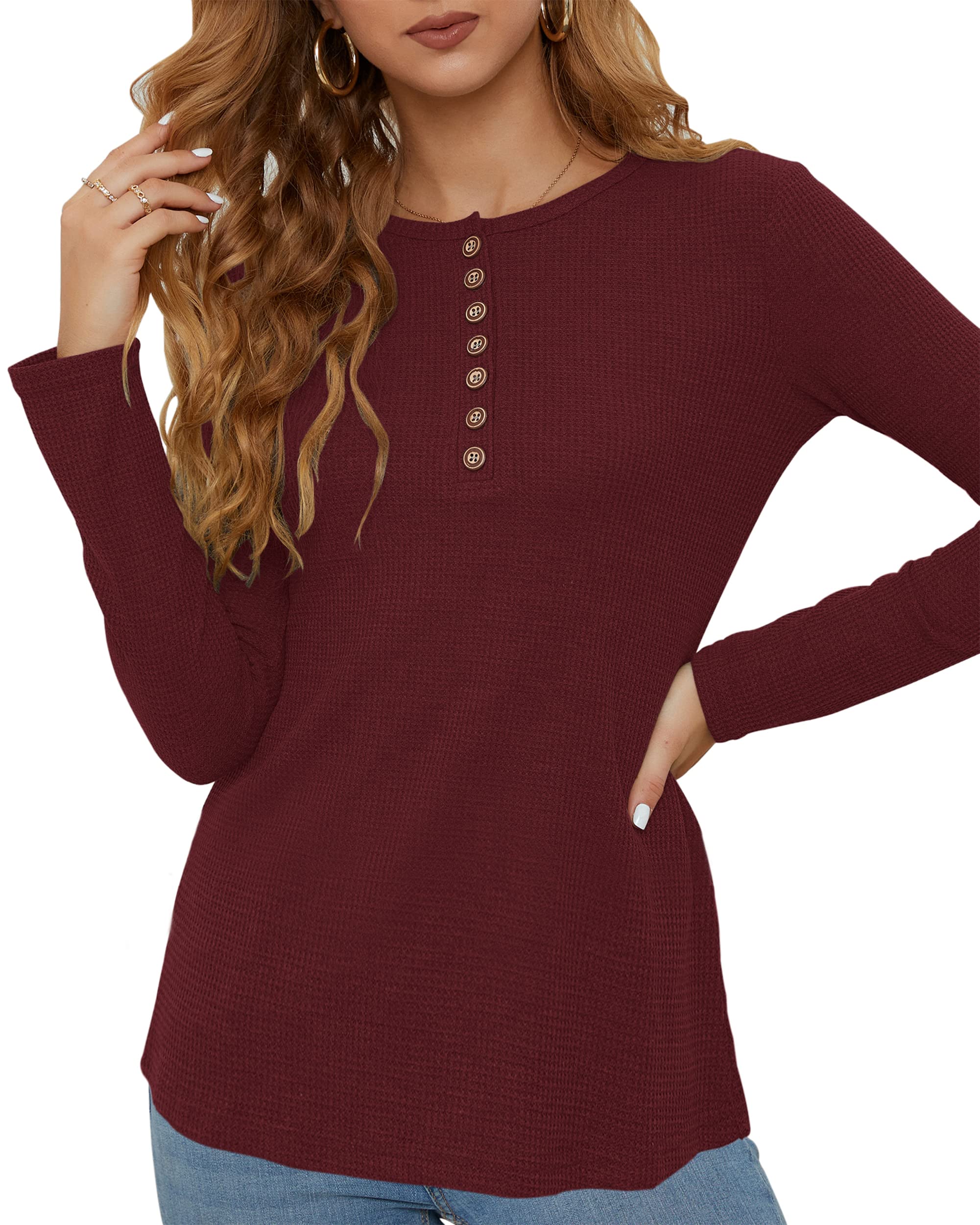 WNEEDU Women's Waffle Knit Long Sleeve Henley Shirt - Slim Fit Button Down V Neck Casual Blouse for Work, Date Night & Fall Layering
