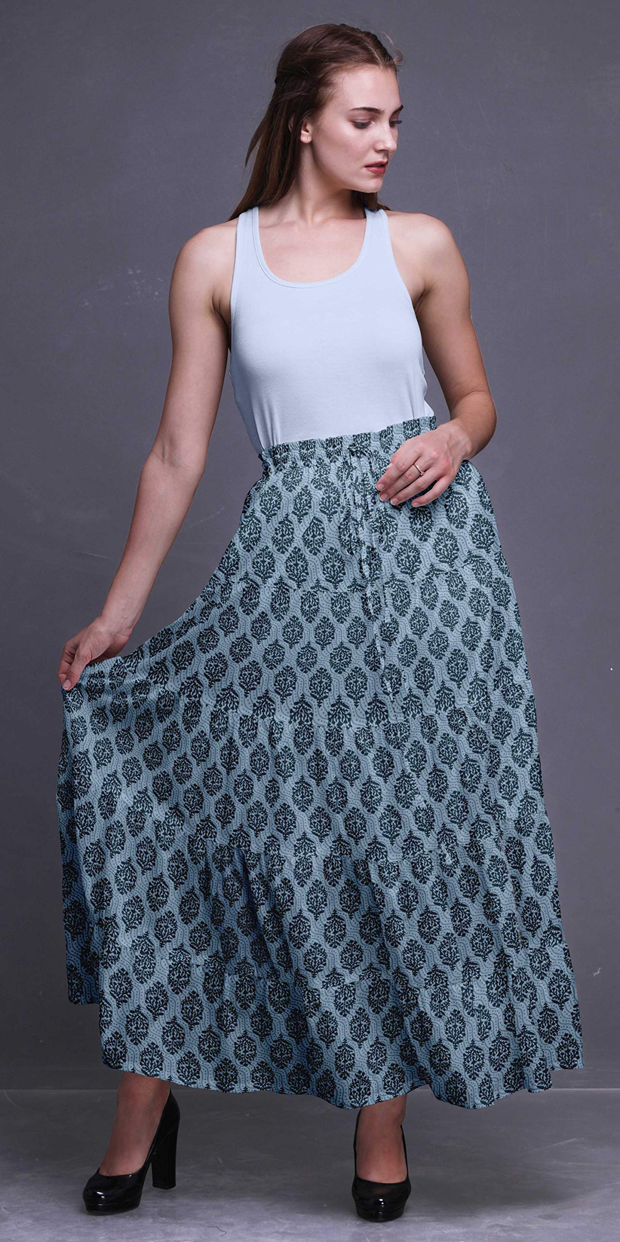 Bimba Printed Long 5-Tier Cotton Skirt for Women - Boho Maxi Skirt with Floral Design - Perfect for Beach, Vacation, and Summer Outfits