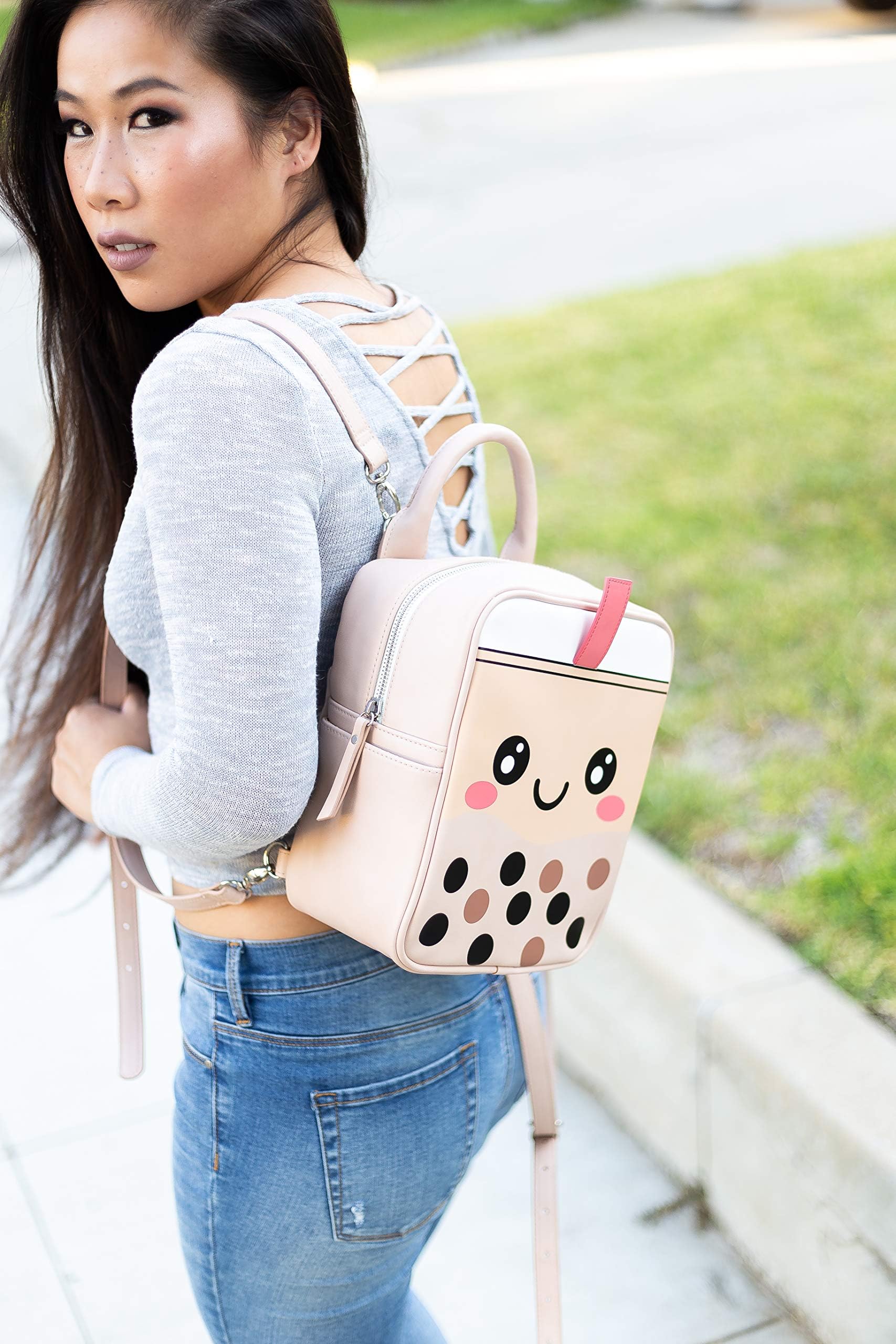 Premium Boba Faux-Leather Backpack for Women - Convertible Crossbody Bag & Shoulder Purse in Tan - Stylish & Durable for Work, Travel & College Campus Use