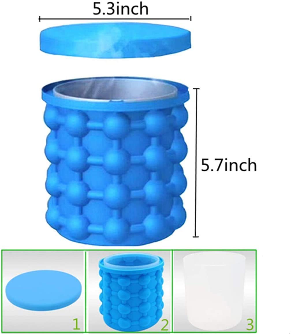 BULUSHI Large 2 in 1 Silicone Ice Bucket & Ice Mold with Lid - Reusable Ice Cube Tray for Cocktails, Whiskey, and Beverages - Portable Blue Ice Cube Maker (13.2X13.2X14CM) - Perfect for Parties, BBQs, and Home Bars
