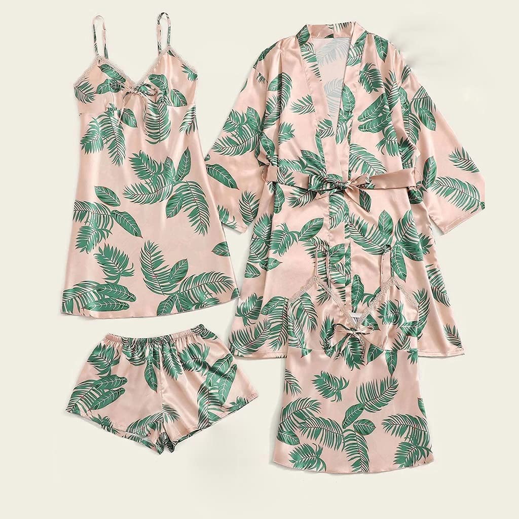 Women's 4-Piece Satin Lace Sleepwear Set - Sexy V-Neck Nightgown & Robe with Print Lingerie (Size X-Large) | Perfect for Valentine's Day, Honeymoon & Romantic Nights