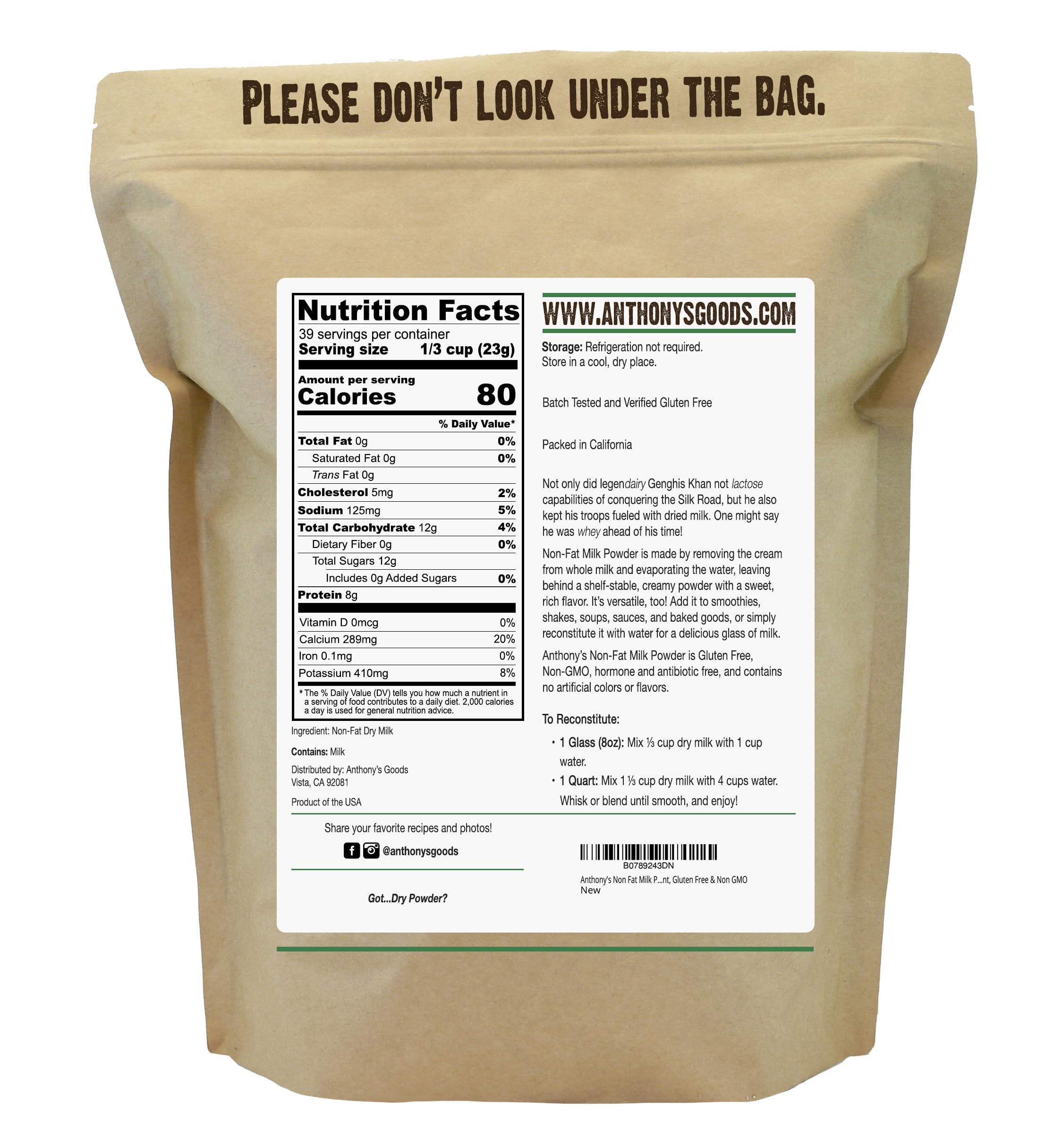 Anthony's Non Fat Milk Powder 2 lb - Instant, Gluten Free, Non GMO Dry Milk for Baking, Coffee & Smoothies - Perfect for Camping & Emergency Food Storage