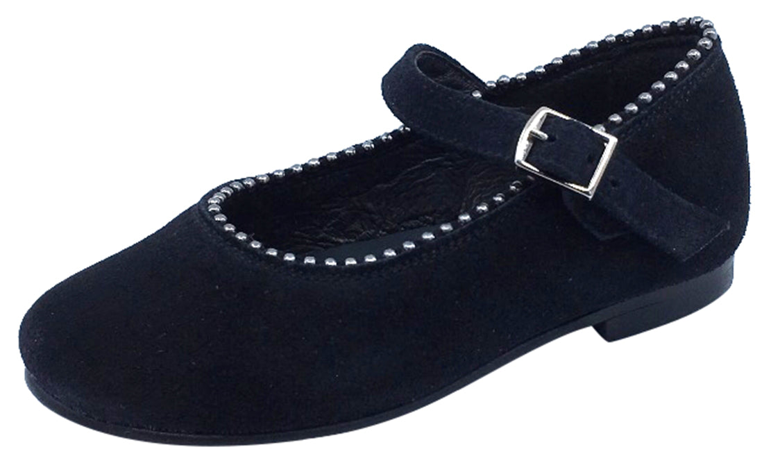 Luccini Women's Black Suede Mary Jane Shoes with Silver Metal Ball Trim - Elegant Flats for Work, Parties & Special Occasions