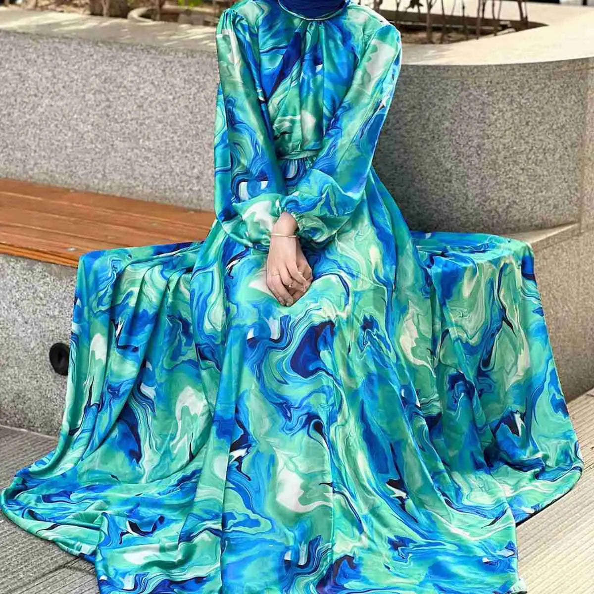 Elegant Printed Muslim Women's Satin Abaya Dress - Modest Islamic Prayer Dress for Eid, Wedding & Special Occasions