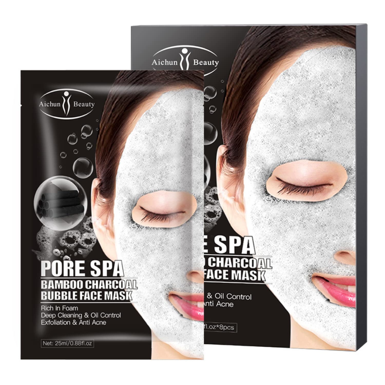 AICHUN BEAUTY Bamboo Charcoal Bubble Face Mask - Deep Cleansing, Oil Control & Anti-Acne Facial Treatment (8 Pack, 25ml/0.88oz) | Blackhead Removal & Pore Minimizer for Oily & Combination Skin | Perfect for Spa Night & Pre-Makeup Prep