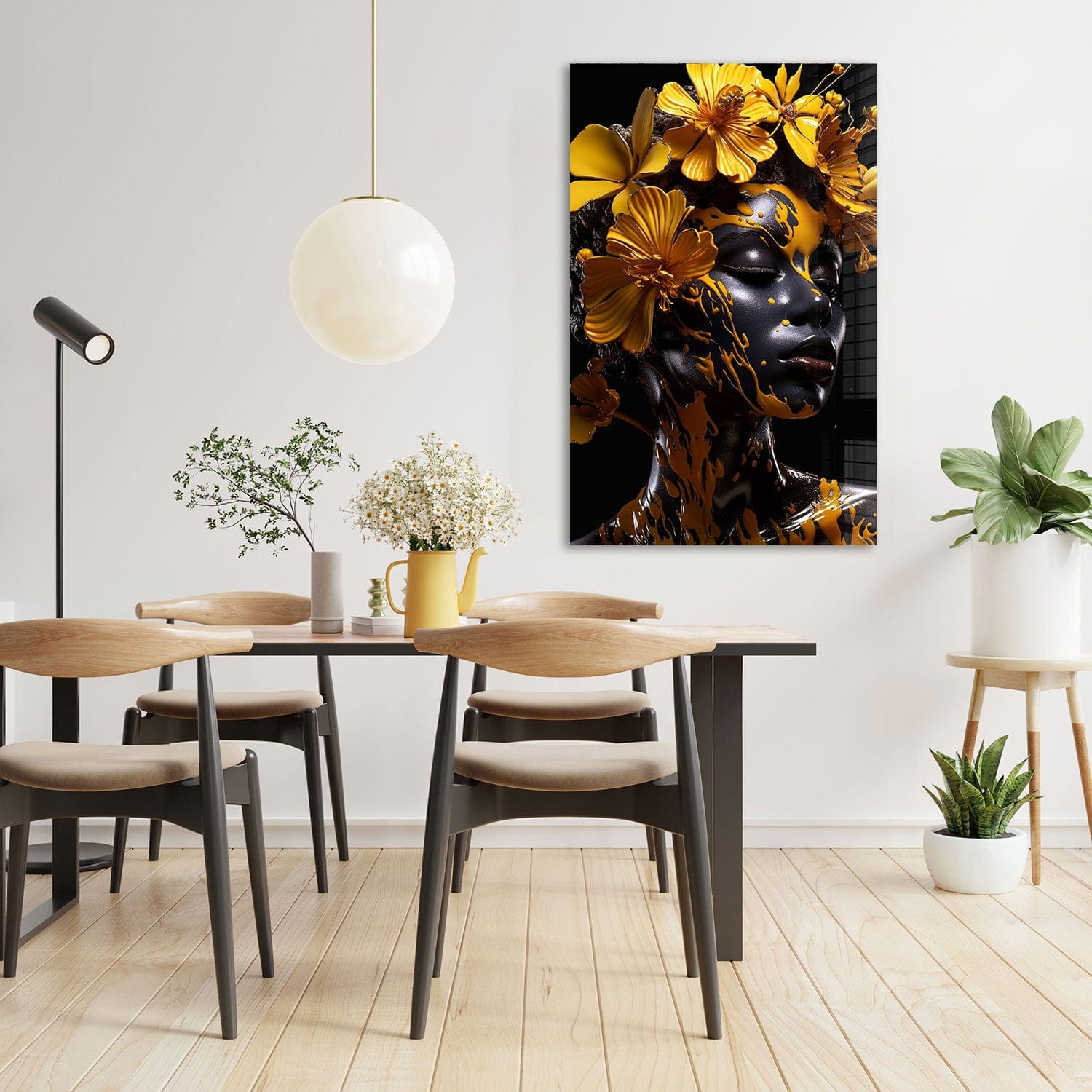 Yellow Floral Woman Tempered Glass Wall Art - Elegant Home Decor for Living Room, Bedroom & Office