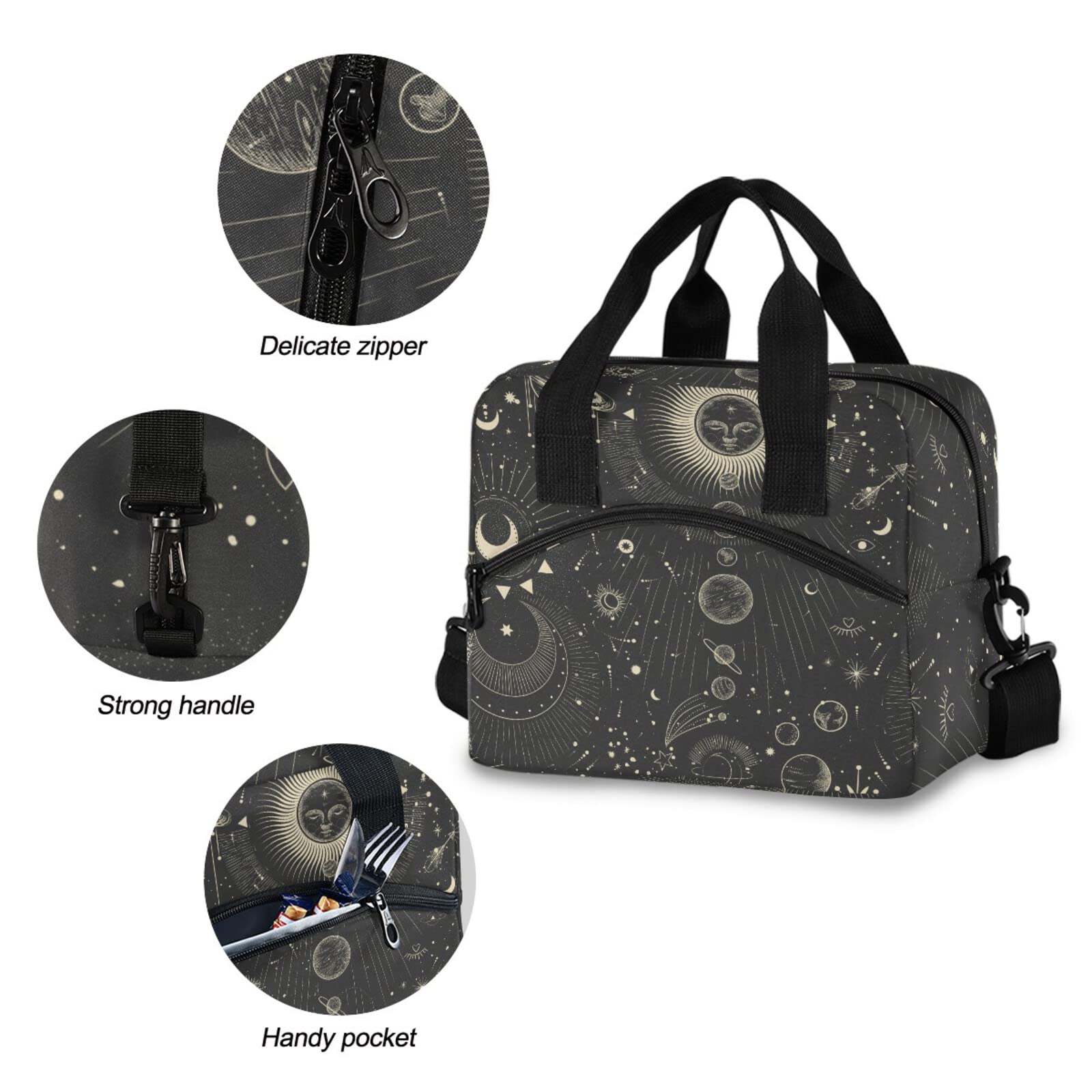 Moon and Stars Gothic Insulated Lunch Bag - Reusable Leakproof Cooler Tote for Women & Men - Adjustable Shoulder Strap Lunch Box for Work, School, Picnic, Camping - Perfect for Office Lunches, Outdoor Adventures and Daily Commutes