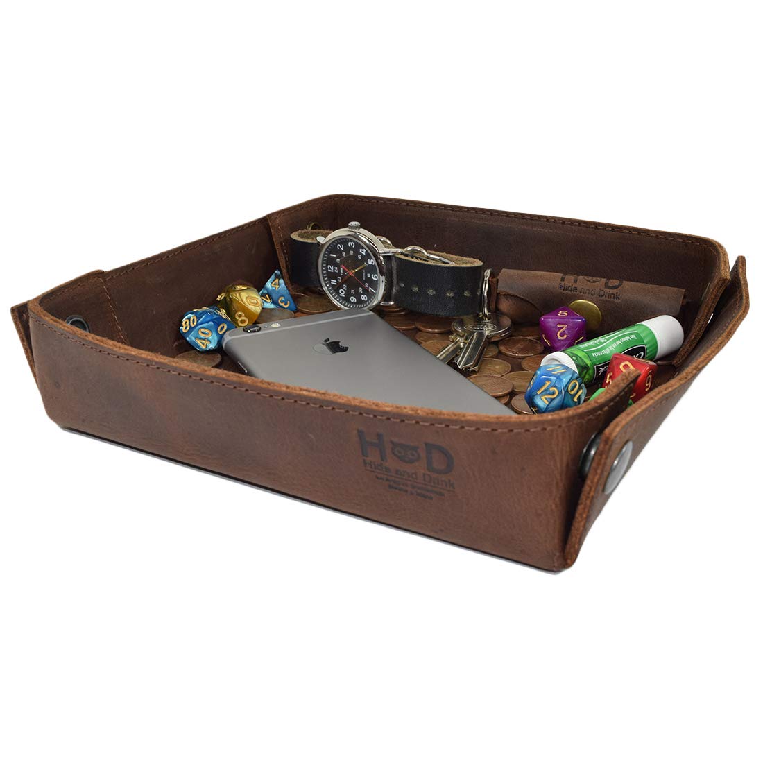 Hide & Drink Handmade Leather Catchall Tray - Vintage Style Organizer for Keys, Coins, Jewelry, Watches & Smartphones - Durable Bourbon Brown Tray with 101 Year Warranty | Perfect for Entryway, Bedroom & Office Organization