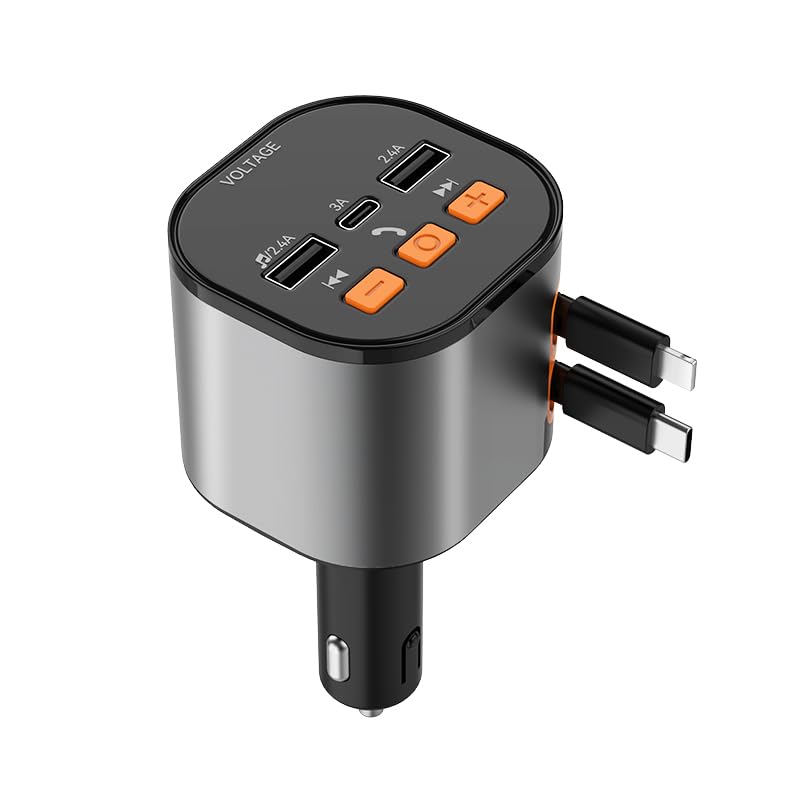 5-in-1 Retractable Car Charger with Bluetooth 5.3 FM Transmitter & 90W Fast Charging - Hands-Free Calling, 2 Retractable Cables & USB Port - Compatible with iPhone 16/15/14, Galaxy & Pixel - Perfect for Road Trips & Daily Commutes