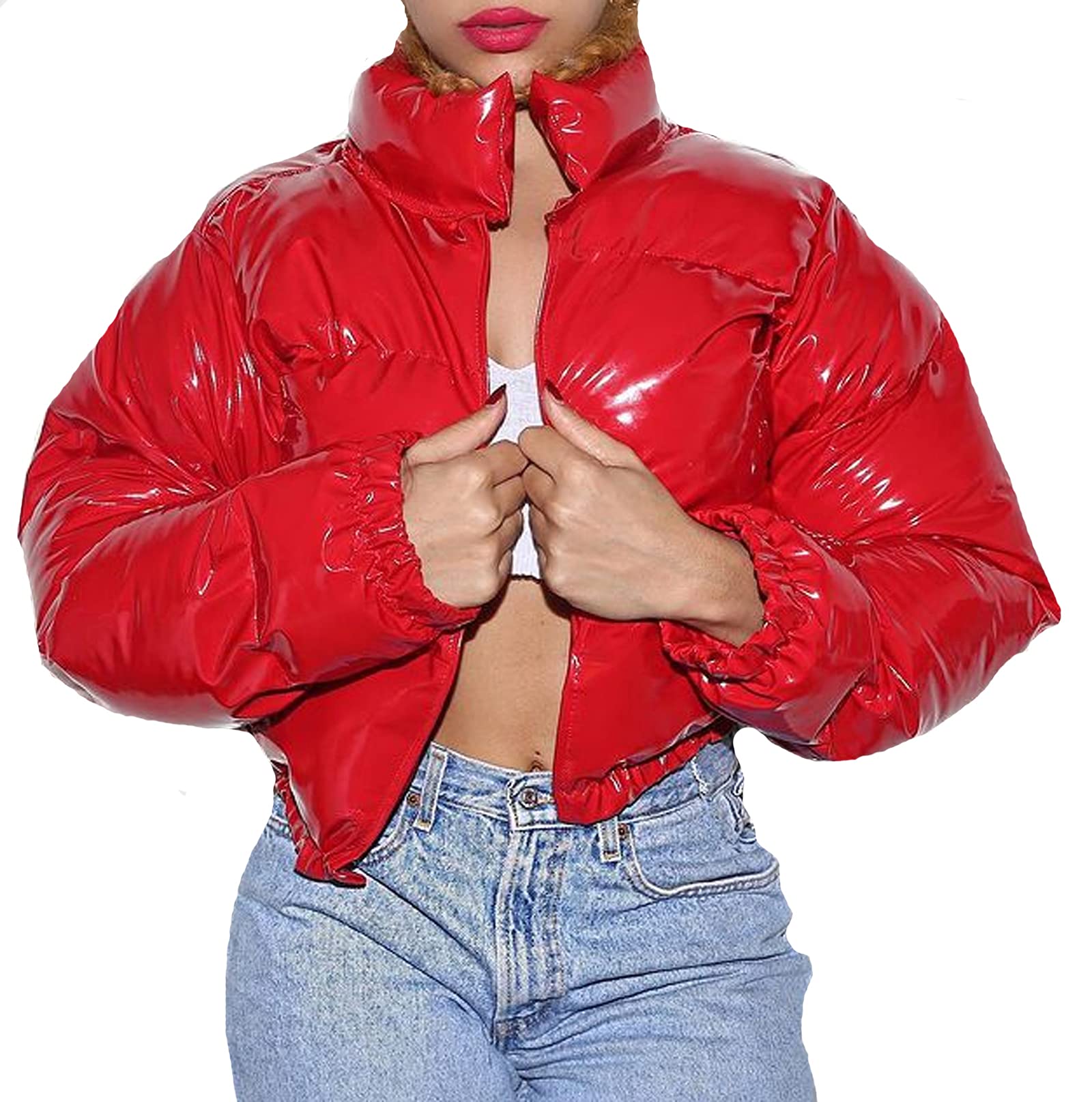 FOMOYUU Women's Winter Short Puffer Jacket - Waterproof PU Coated Cotton Bubble Coat with Shiny Finish, Warm Quilted Padded Design for Cold Weather | Perfect for Outdoor Activities, Commuting & Casual Winter Fashion