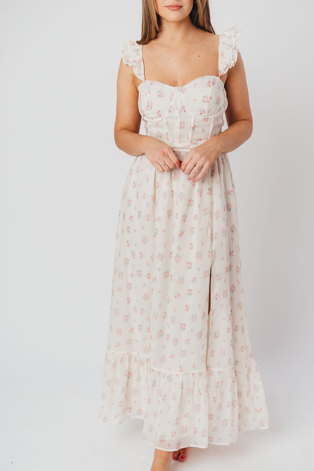 Rosamund Bustier Style Maxi Dress - Floral Blush Pink Women's Plus Size Dress (S-3XL) | Perfect for Weddings, Parties & Summer Vacations