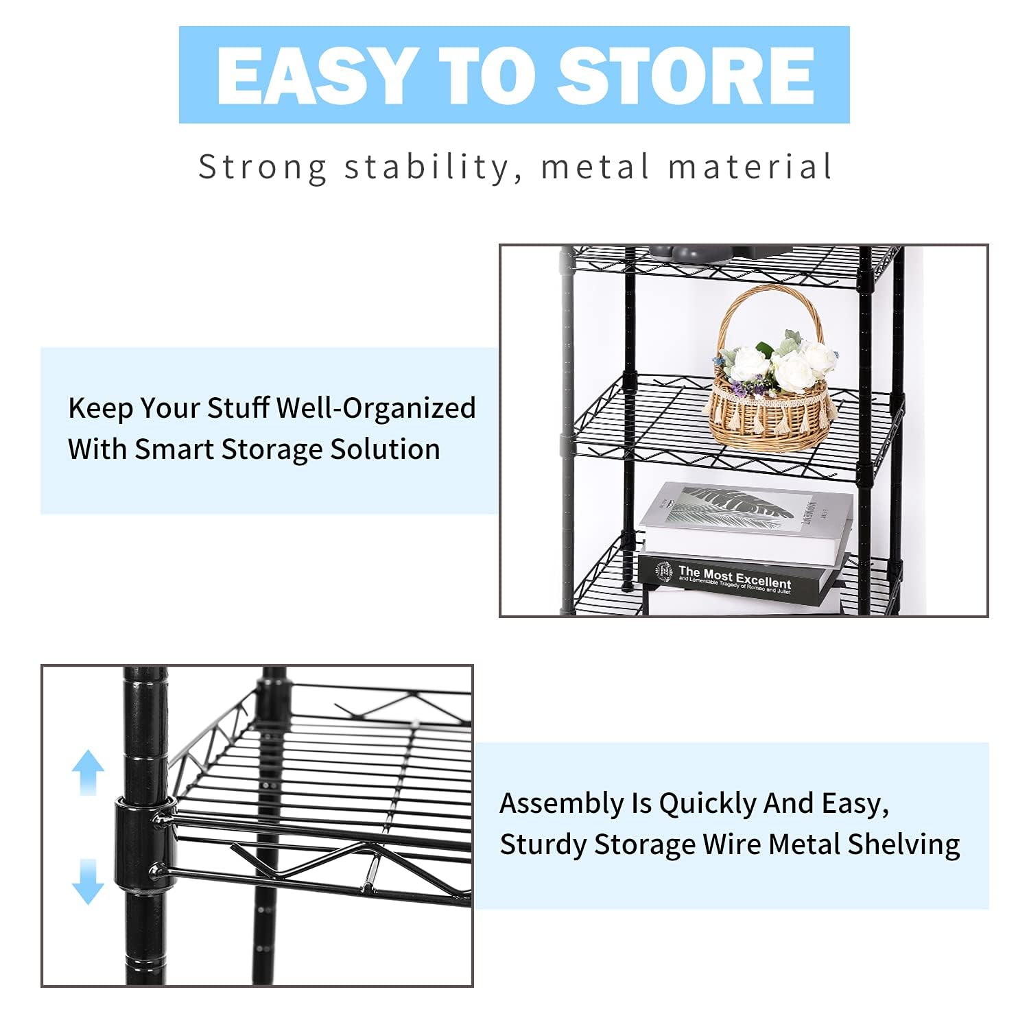 6-Tier Adjustable Metal Wire Shelving Unit - Heavy Duty Storage Rack for Kitchen, Pantry, Laundry, Bathroom & Closet Organization (Black, 16.6