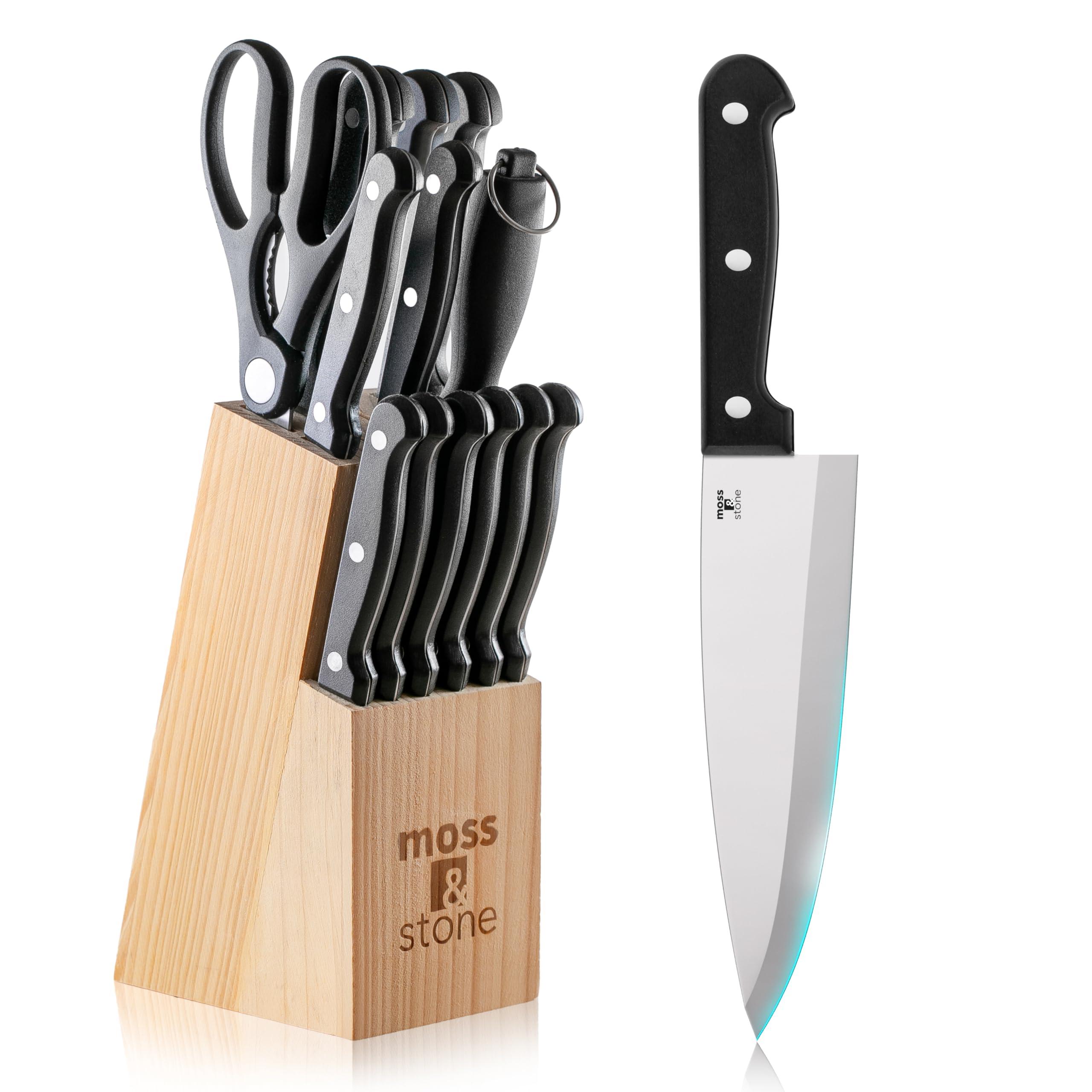 Premium 14-Piece Stainless Steel Knife Block Set - High-Carbon Steel Kitchen Knives with Wooden Holder - Sharp Cutlery Set for Professional Chefs & Home Cooking - Perfect for Meat Cutting, Vegetable Chopping & Food Prep