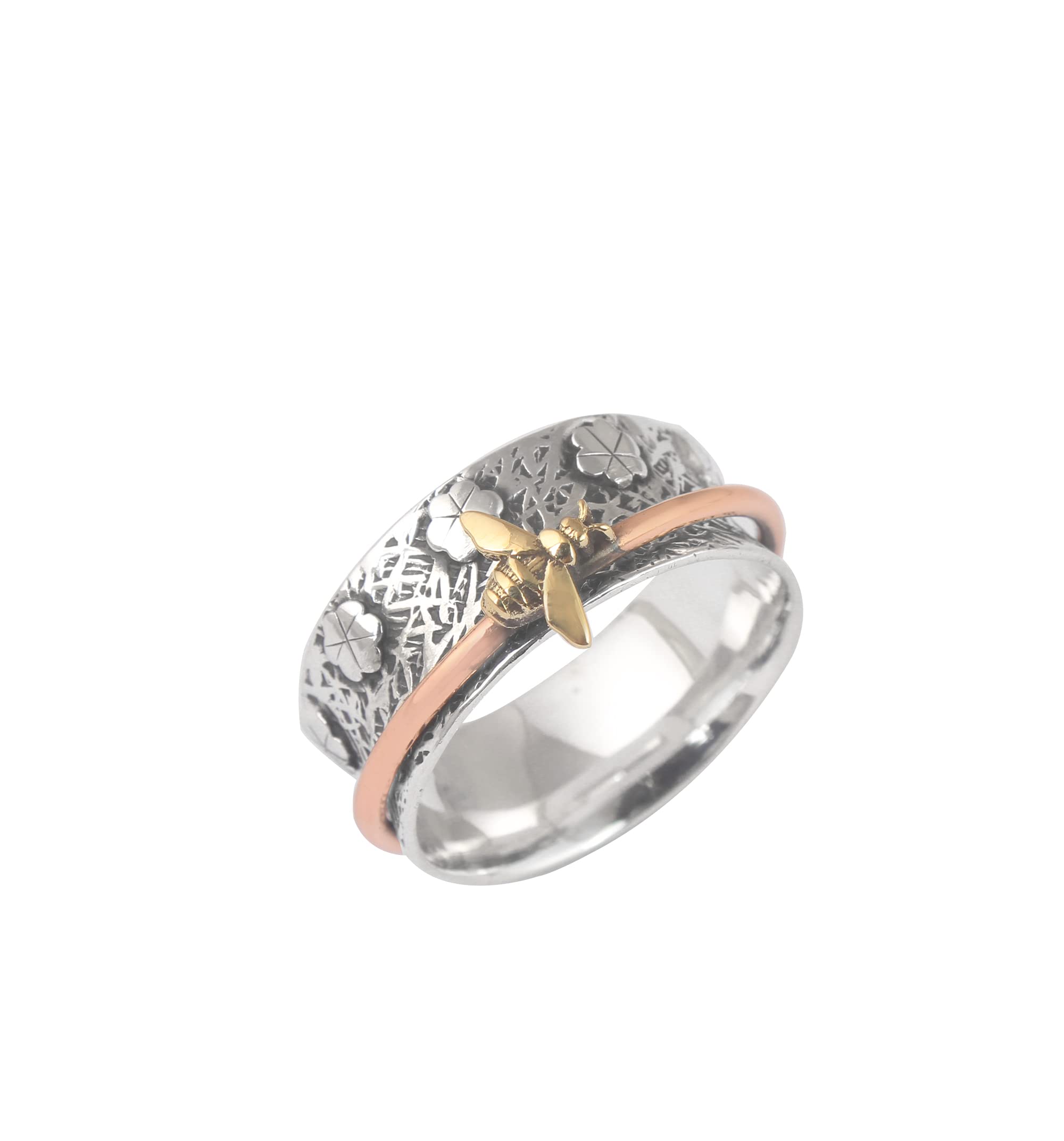 925 Sterling Silver Honey Bee Spinner Ring - Vintage Flower Design Meditation Jewelry for Stress Relief & Anxiety - Handmade Adjustable Spinner Ring for Women & Men - Perfect for Yoga, Mindfulness & Relaxation