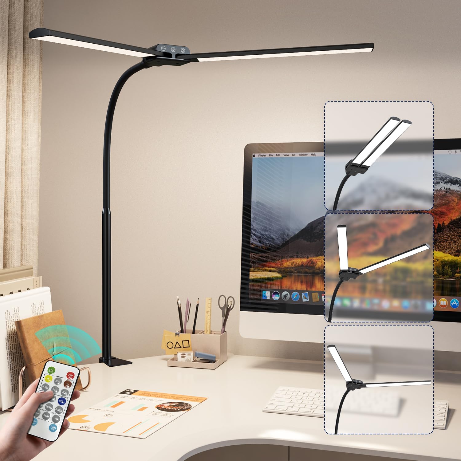 KableRika Dual Head LED Desk Lamp with Clamp - Adjustable Architect Light with Remote Control, Eye-Caring Task Lighting for Office, Home, Study & Reading - Perfect for Computer Workstations, Craft Tables & Nighttime Reading