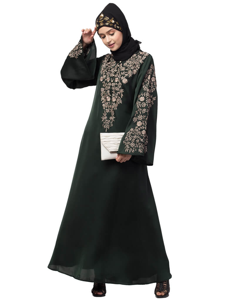 Elegant Arabic Embroidered Abaya Dress with Neck & Sleeve Resham Details - Green A-Line Party Wear for Women | Perfect for Weddings, Eid Celebrations & Special Occasions