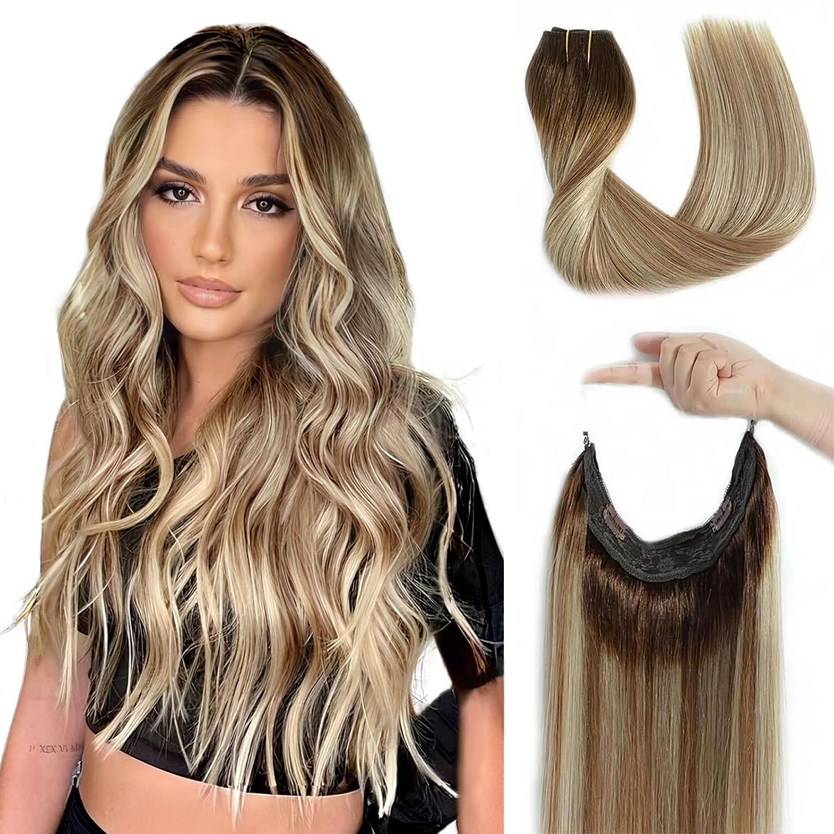 Tinashe 18Inch Human Hair Clip-In Extensions - Invisible Wire Weft, Chocolate Brown to Ash Brown & Honey Blonde - 90g Secret Headband Hair Extensions for Natural Volume & Styling | Perfect for Parties, Weddings & Everyday Wear