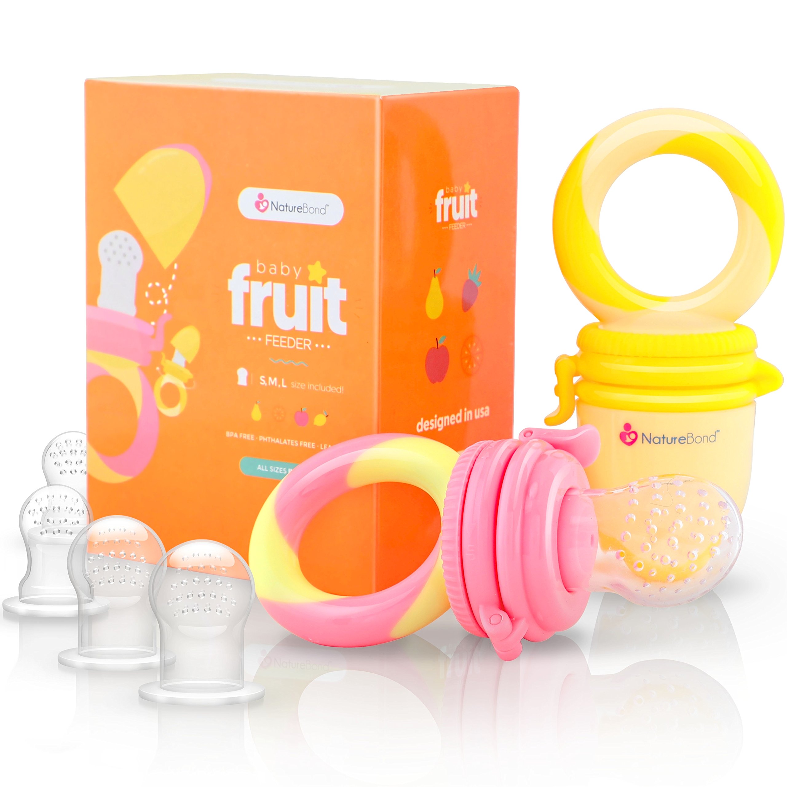 NatureBond Baby Food Feeder & Fruit Feeder Pacifier Nibbler (2 Pack) - Infant Teething Toy & Teether for Weaning - BPA-Free Silicone in Appetizing Colors | Includes Extra Silicone Sacs | Perfect for Soothing Sore Gums & Introducing Solid Foods Safely