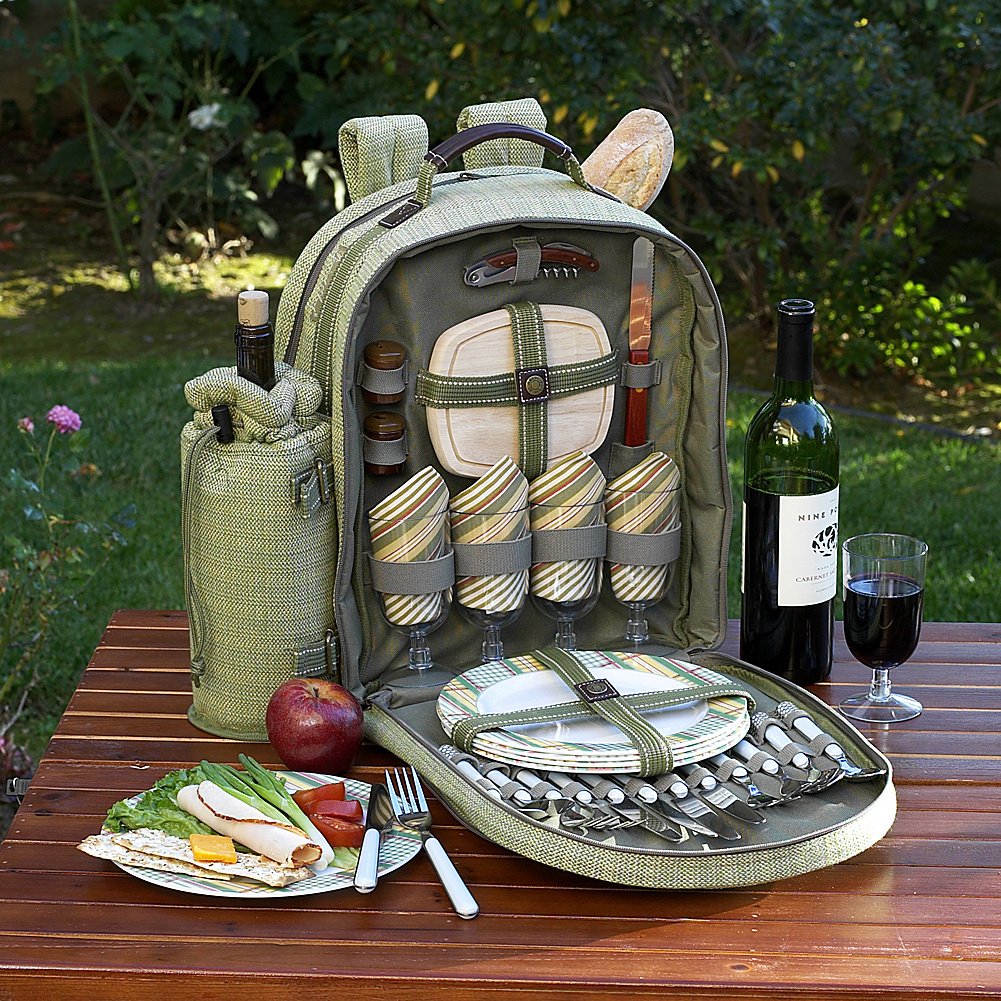 Deluxe 4-Person Picnic Backpack with Cooler & Insulated Wine Holder - Olive Tweed - Perfect for Outdoor Adventures, Beach Trips & Romantic Picnics