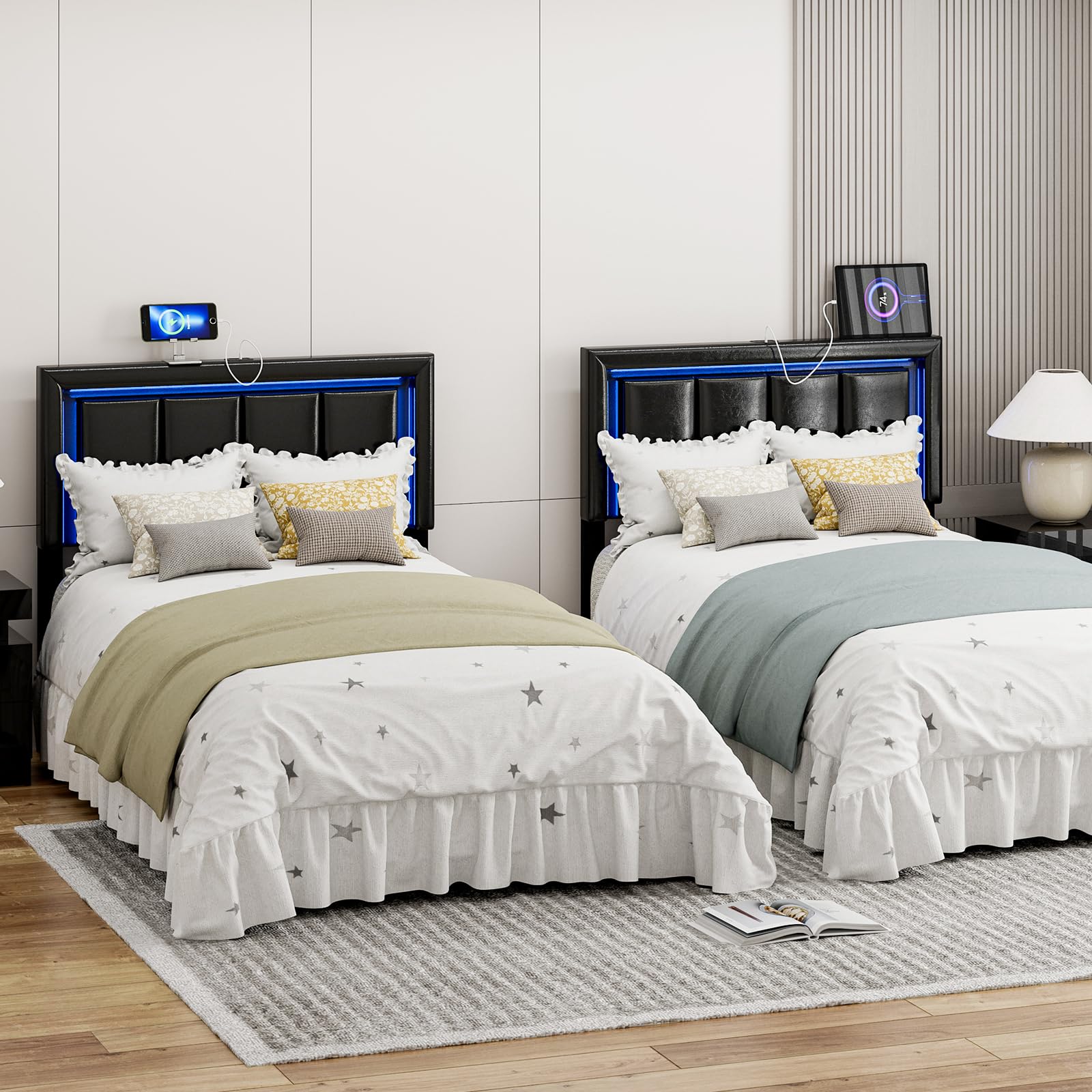 IKIFLY Twin Size LED Headboard with 2 USB Ports & Adjustable Height - Modern Faux Leather Twin/Twin XL Bed Headboard with Soft LED Lighting - Upholstered Headboard Only, Easy Assembly (Black) - Perfect for Bedroom, Dorm Room & Small Space Decor