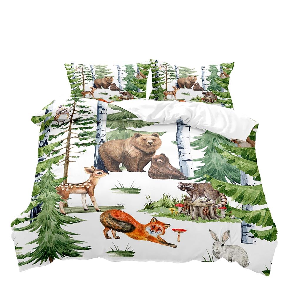 LUVIVIHOME 3-Piece King Size Duvet Cover Set - Cute Deer Bear Fox Rabbit Raccoon Owl Forest Animal Print Bedding for Toddler Boys Girls Kids | Woodland Nursery Decor with 2 Pillow Shams | Perfect for Kids' Bedrooms, Baby Showers & Cozy Nursery Themes