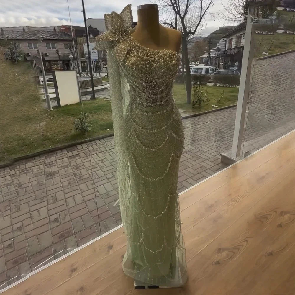 Elegant Sage Green Mermaid One-Shoulder Pearl Embellished Evening Gown for Women - Dubai Arabic Wedding Party Dress LA72511 | Perfect for Bridal Showers, Galas, and Formal Events