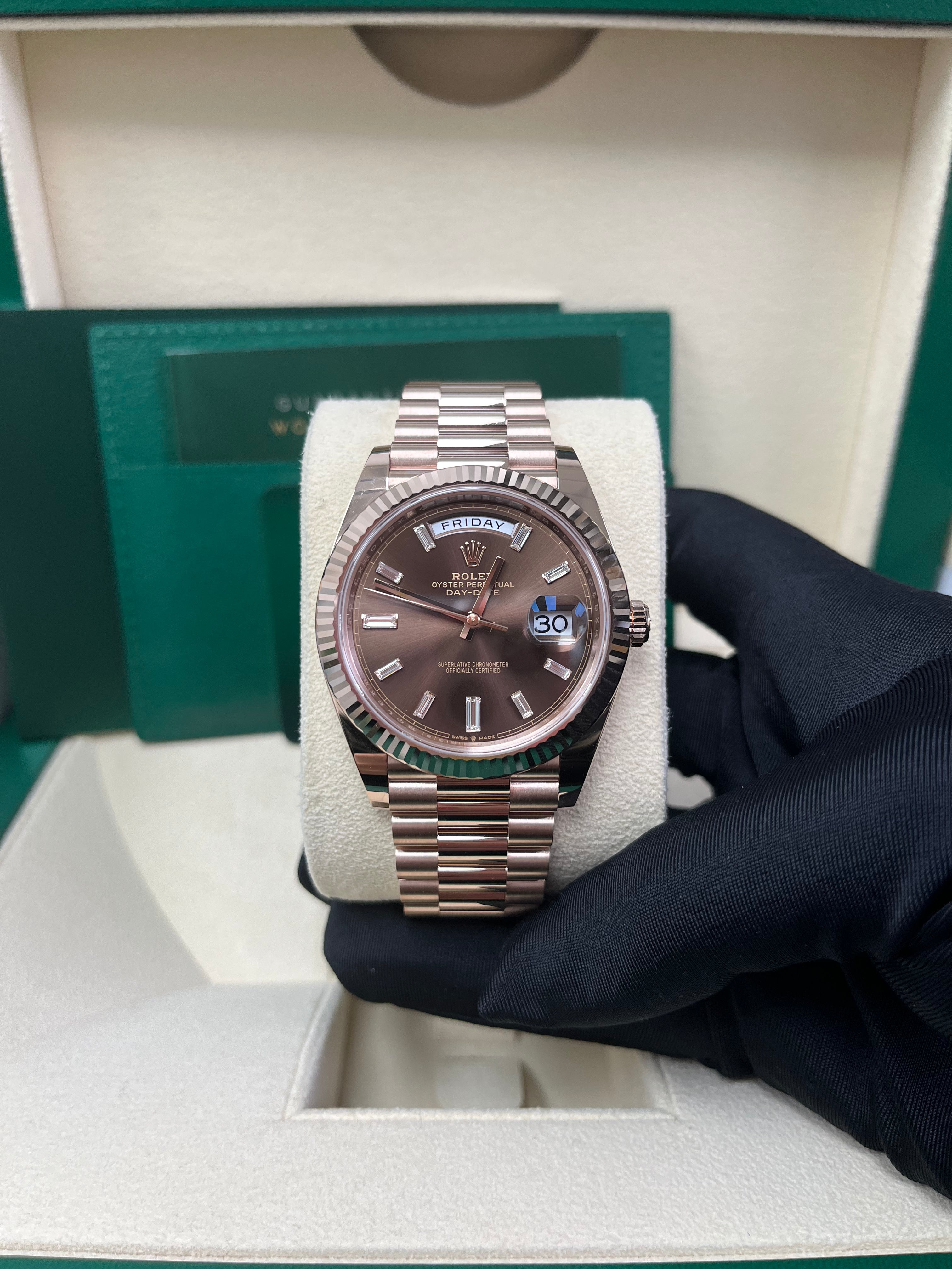 Rolex Day-Date 40 Rose Gold Men's Watch with Fluted Bezel & Chocolate Baguette Diamond Dial - Model 228235 | Luxury Dress Watch for Business & Formal Occasions