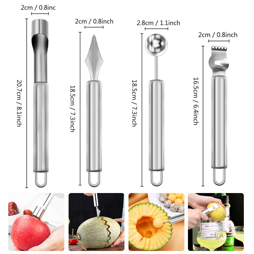 CODIRATO 4-Piece Stainless Steel Fruit Carving Tool Set - Watermelon Baller, Peeler & Seed Remover | Multi-Functional Kitchen Utensils for Fruit Cutting, Decorating & Serving | Perfect for Parties, Salads & Food Presentation