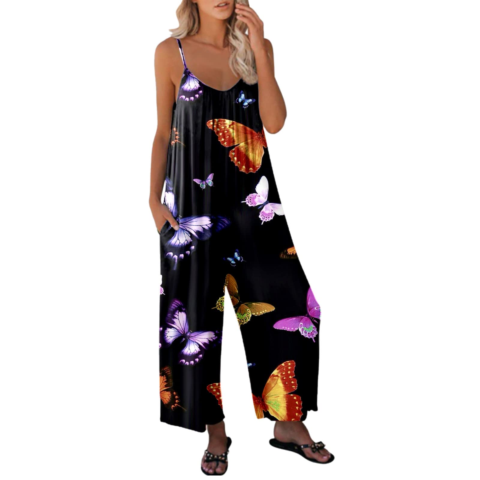 Women's Casual Summer Sleeveless Jumpsuit - Floral Print Spaghetti Strap Romper with Pockets | Plus Size Jumpsuits for Women | Perfect for Beach Vacations, Pool Parties & Summer Outings
