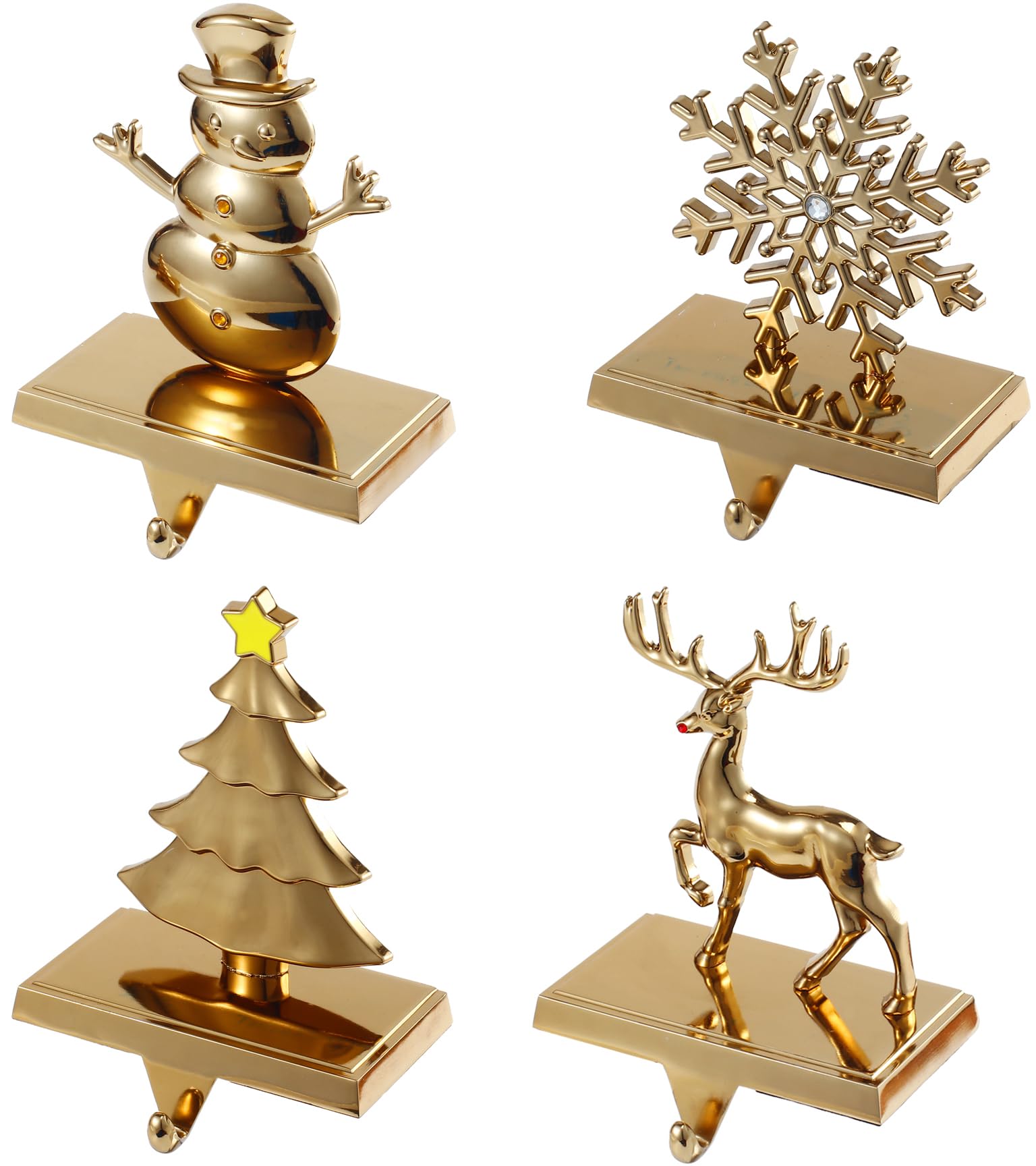 4-Pack Antique Gold Christmas Stocking Holders for Fireplace Mantel - Snowflake, Snowman, Reindeer & Tree Design - Durable Metal Hooks for Holiday Decor - Perfect for Christmas Home Decor & Gift Hanging