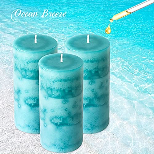 Ocean Breeze Scented Pillar Candles - 3 Pack Teal 3x6 Inch Long-Lasting Clean Burning Candles for Home Décor, Bathroom, Wedding, Relaxation & Aromatherapy
