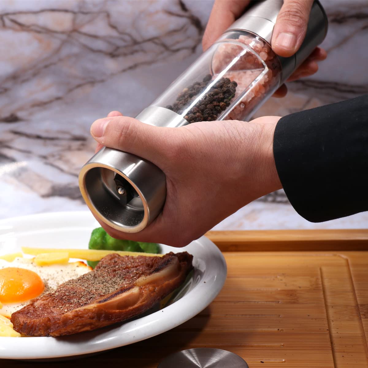 2 in 1 Adjustable Ceramic Salt and Pepper Grinder Set - Stainless Steel Spice Mill for Kitchen, Dining Table & Outdoor BBQ - Perfect for Cooking, Camping & Home Use