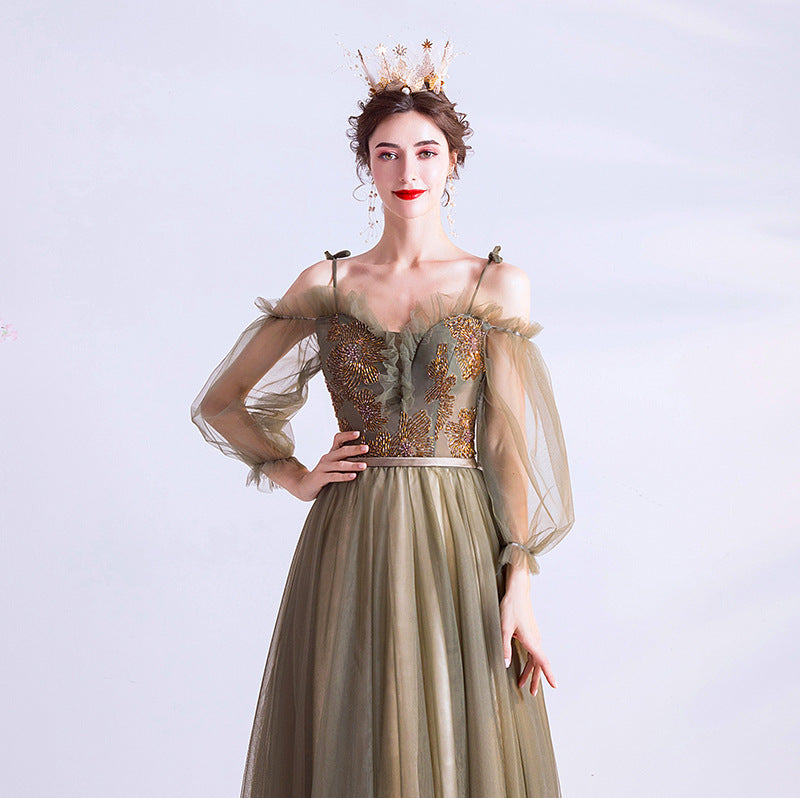Elegant Long Green Tulle Prom Dress A-Line Evening Gown with Long Sleeves | Formal Dance, Homecoming, Wedding Guest Dress | Size 161